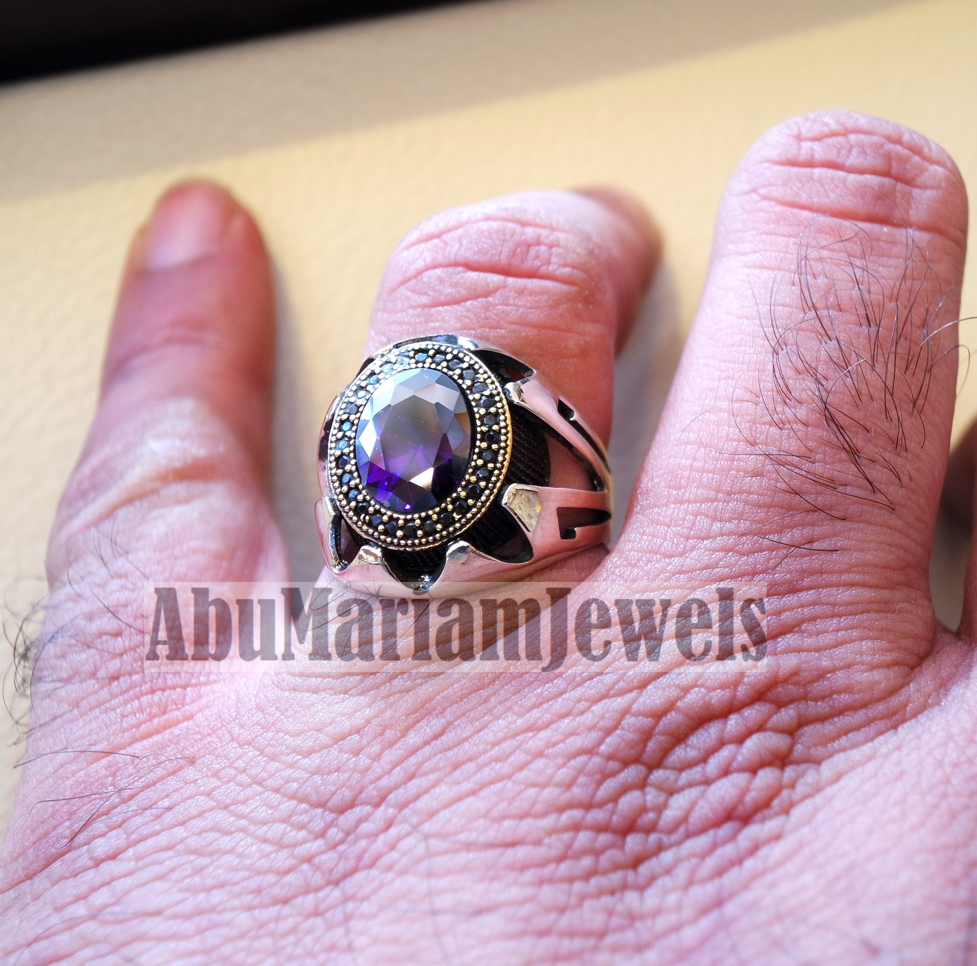 purple CZ  stone and black cubic zircon micro setting on bronze frame stunning sterling silver 925 men ring all sizes