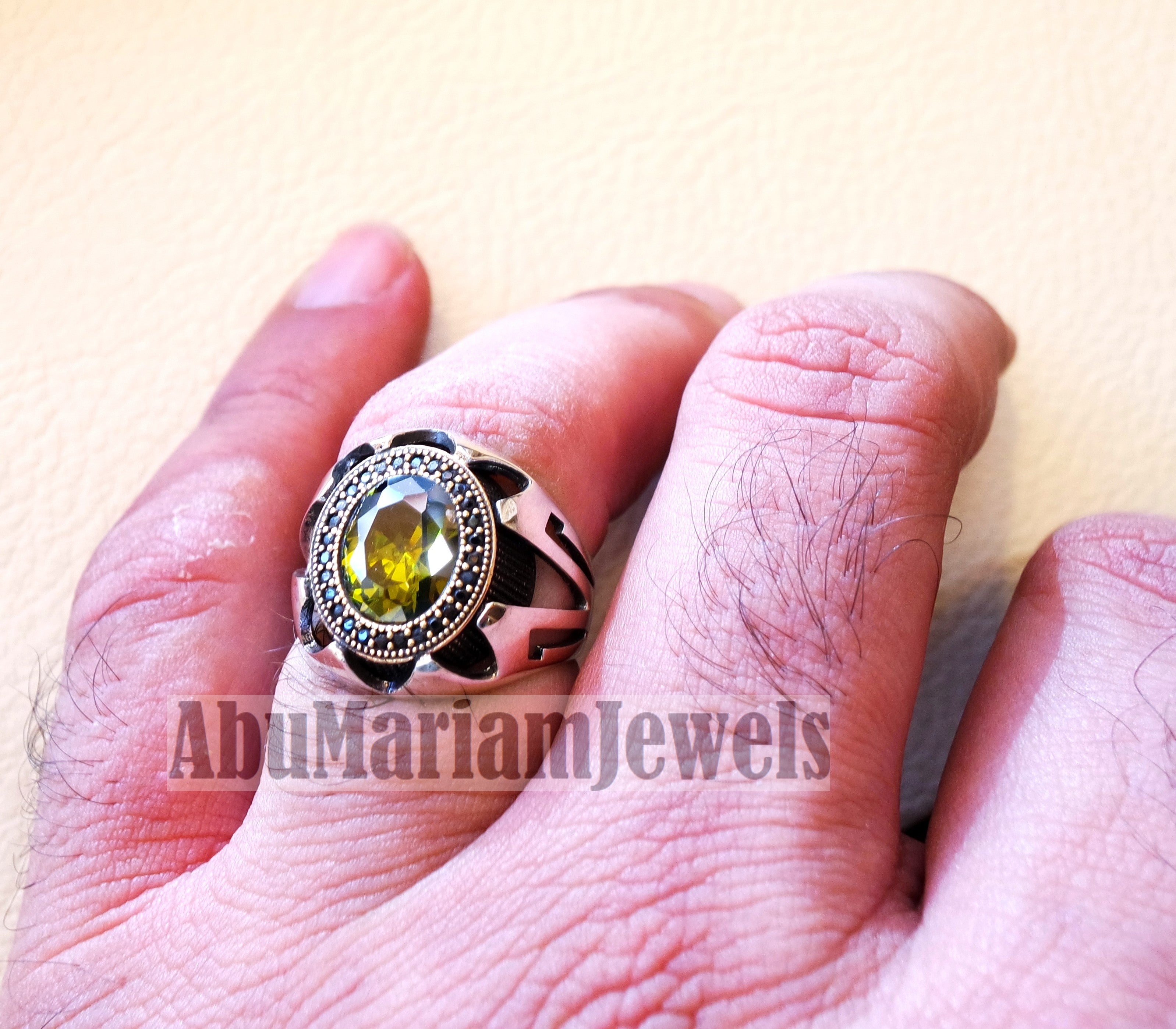 Olive green CZ  stone and black cubic zircon micro setting on bronze frame stunning sterling silver 925 men ring all sizes