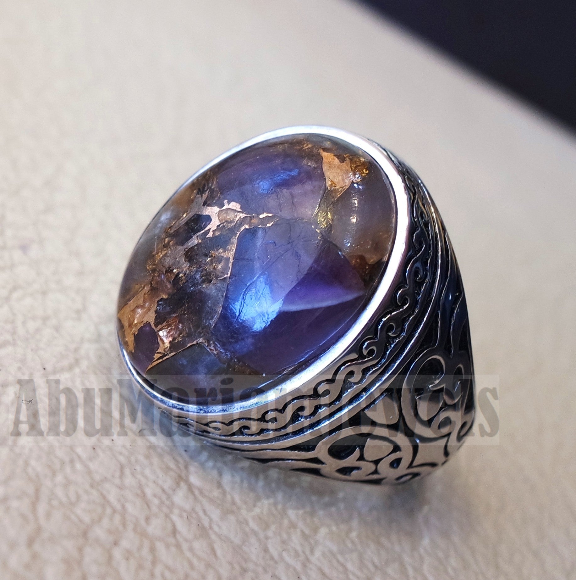 copper amethyst man ring natural purple stone sterling silver 925 oval cabochon semi precious gem ottoman arabic style all sizes jewelry