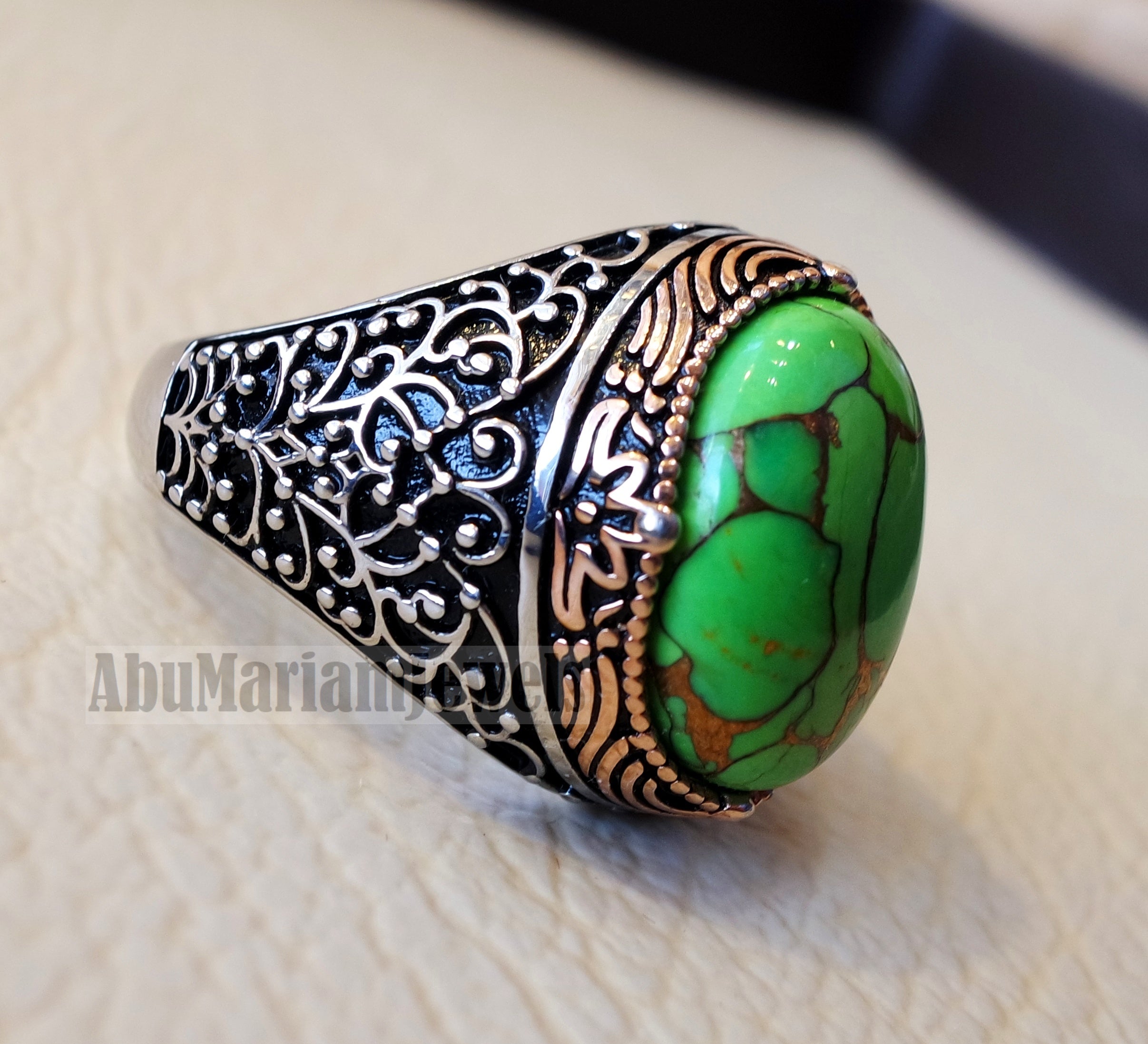 green copper turquoise natural stone men ring sterling silver 925 stunning genuine gem two tone ottoman arabic style jewelry all sizes