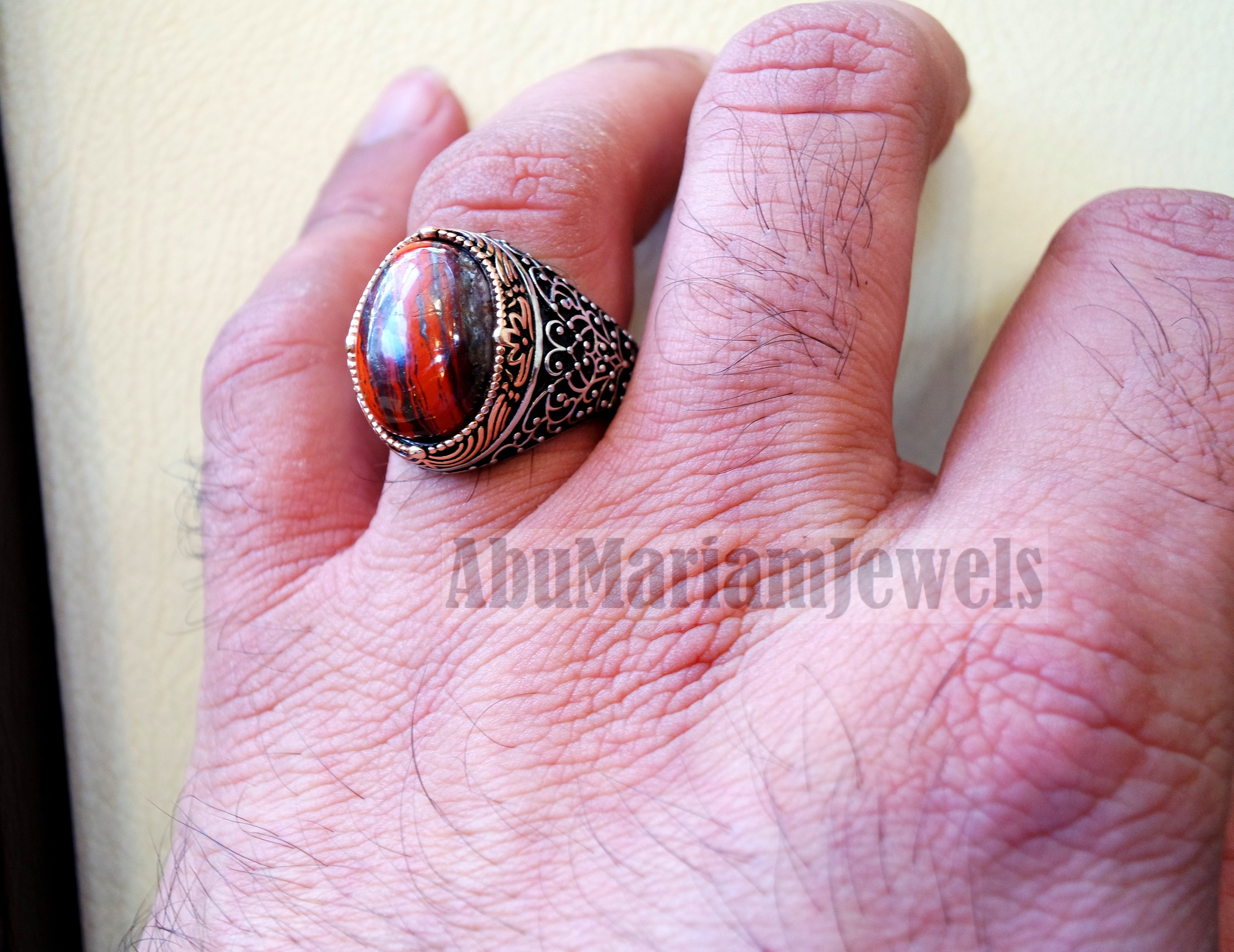 snake skin jasper man ring stone natural gem sterling silver 925 ring red and black oval semi precious cabochon jewelry bronze color frame