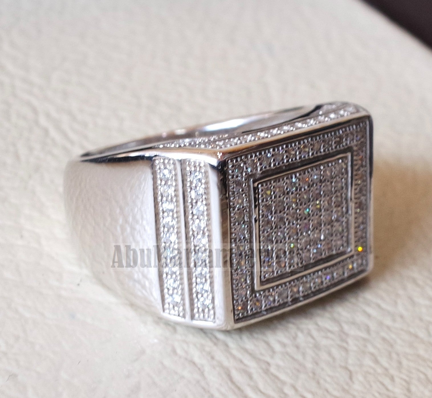 Micro pave cubic zirconia white stones diamond style sterling silver 925 heavy men ring all sizes .