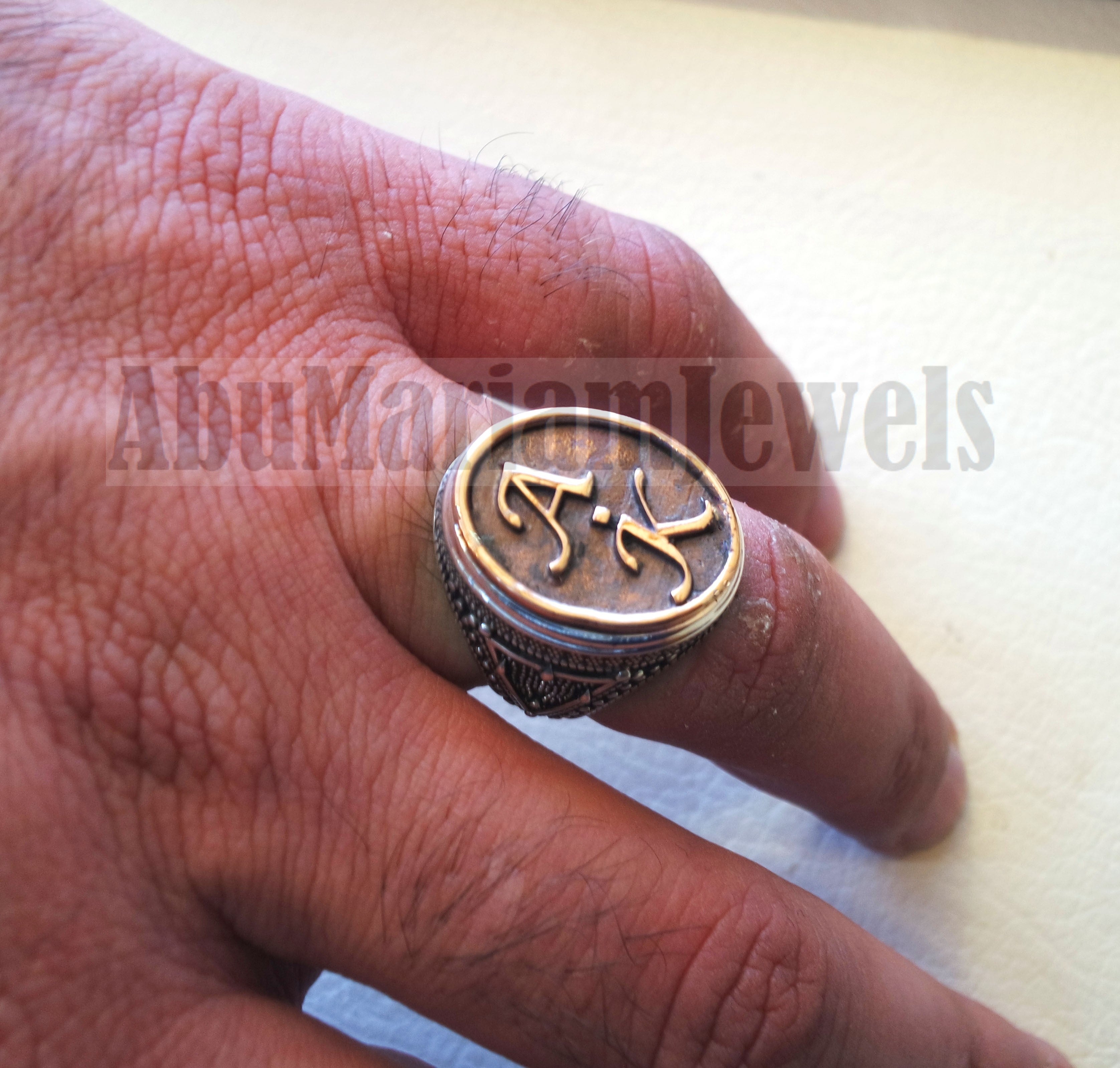 Initials Customized men ring personalized any 2 letters antique jewelry style sterling silver 925 and bronze any size In-1001