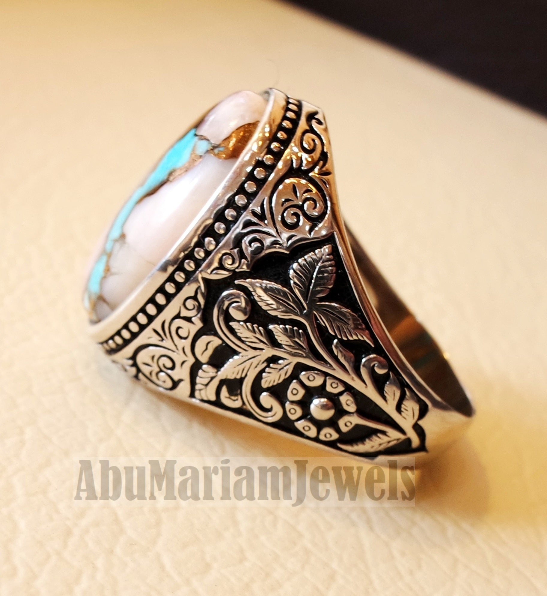 Copper pink Opal Turquoise blue natural stone ring sterling silver 925 men jewelry all sizes gem highest quality middle eastern style