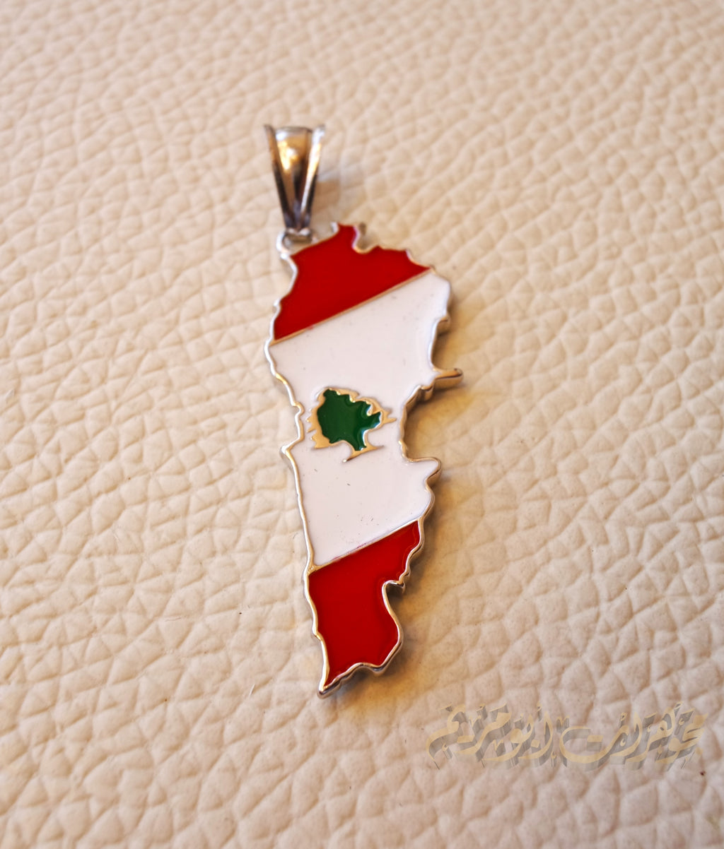 Lebanon map pendant cedar tree flag colors sterling silver 925 k high quality jewelry Arabic fast shipping خريطة لبنان