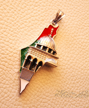 Big Palestine map with Aqsa mosque pendant sterling silver 925 flag colors jewelry Arabic fast shipping خارطه و علم فلسطين