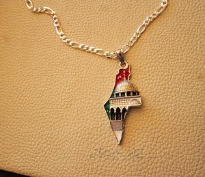 Big Palestine map with Aqsa mosque pendant with thick chain sterling silver 925 flag colors jewelry Arabic fast shipping خارطه و علم فلسطين