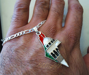 Big Palestine map with Aqsa mosque pendant with thick chain sterling silver 925 flag colors jewelry Arabic fast shipping خارطه و علم فلسطين