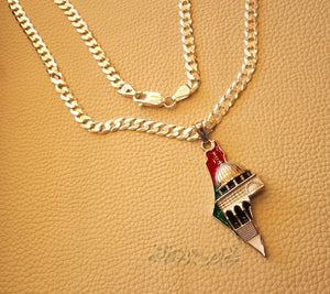 Big Palestine map with Aqsa mosque pendant with very thick chain  sterling silver 925 flag colors jewelry Arabic fast shipping خارطه و علم فلسطين