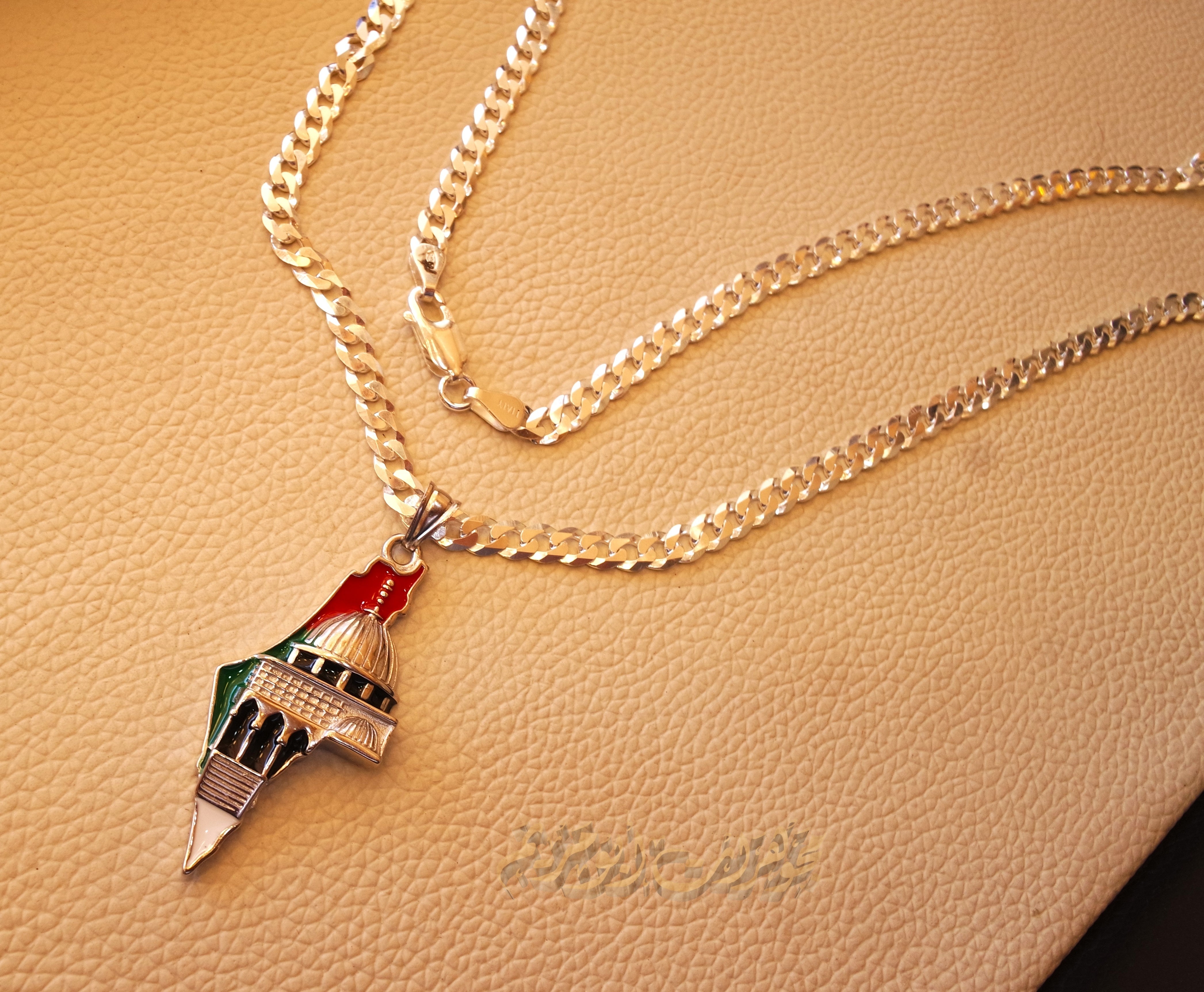 Big Palestine map with Aqsa mosque pendant with very thick chain  sterling silver 925 flag colors jewelry Arabic fast shipping خارطه و علم فلسطين