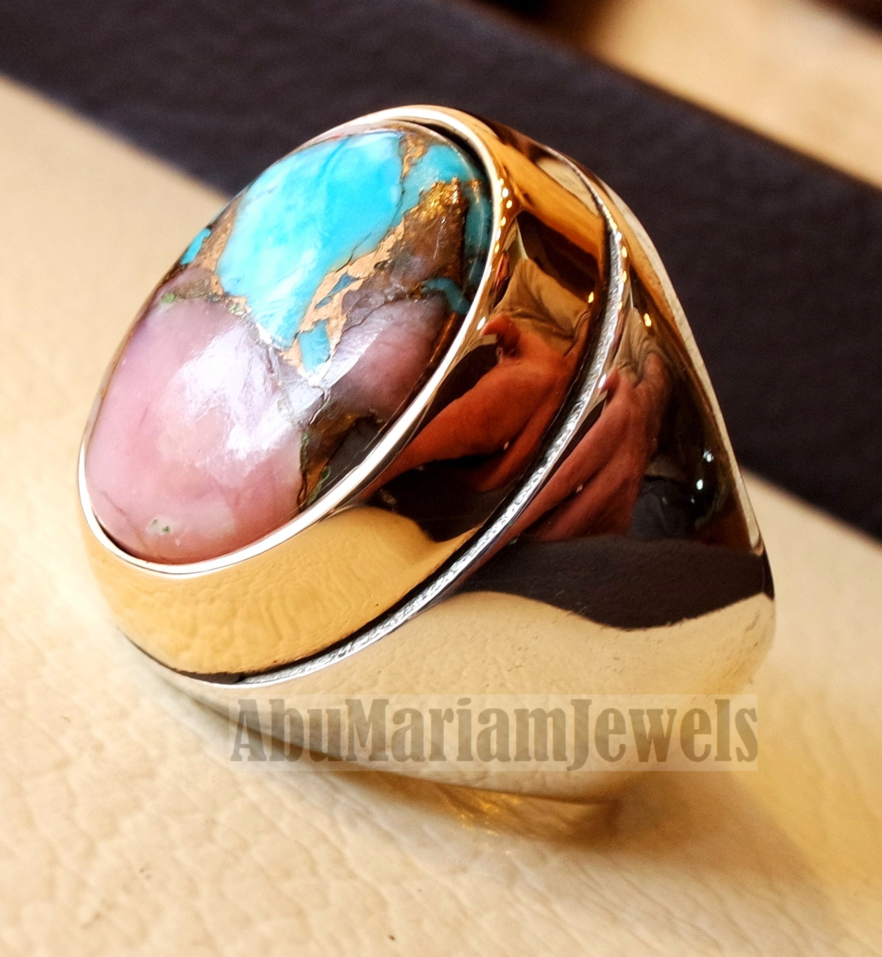 Copper pink Opal Turquoise blue natural stone ring sterling silver 925 bronze frame men jewelry all sizes gem middle eastern style