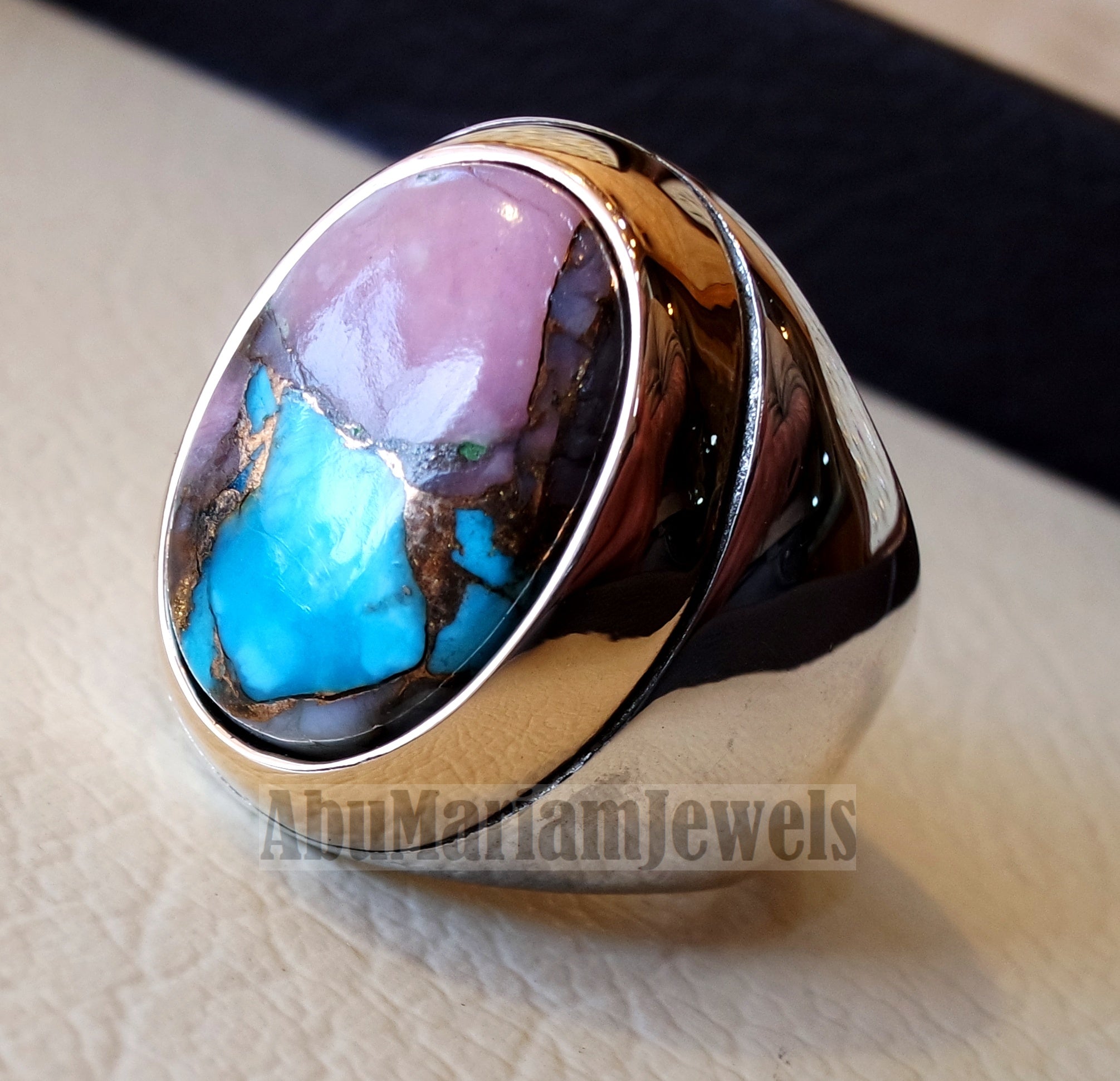 Copper pink Opal Turquoise blue natural stone ring sterling silver 925 bronze frame men jewelry all sizes gem middle eastern style