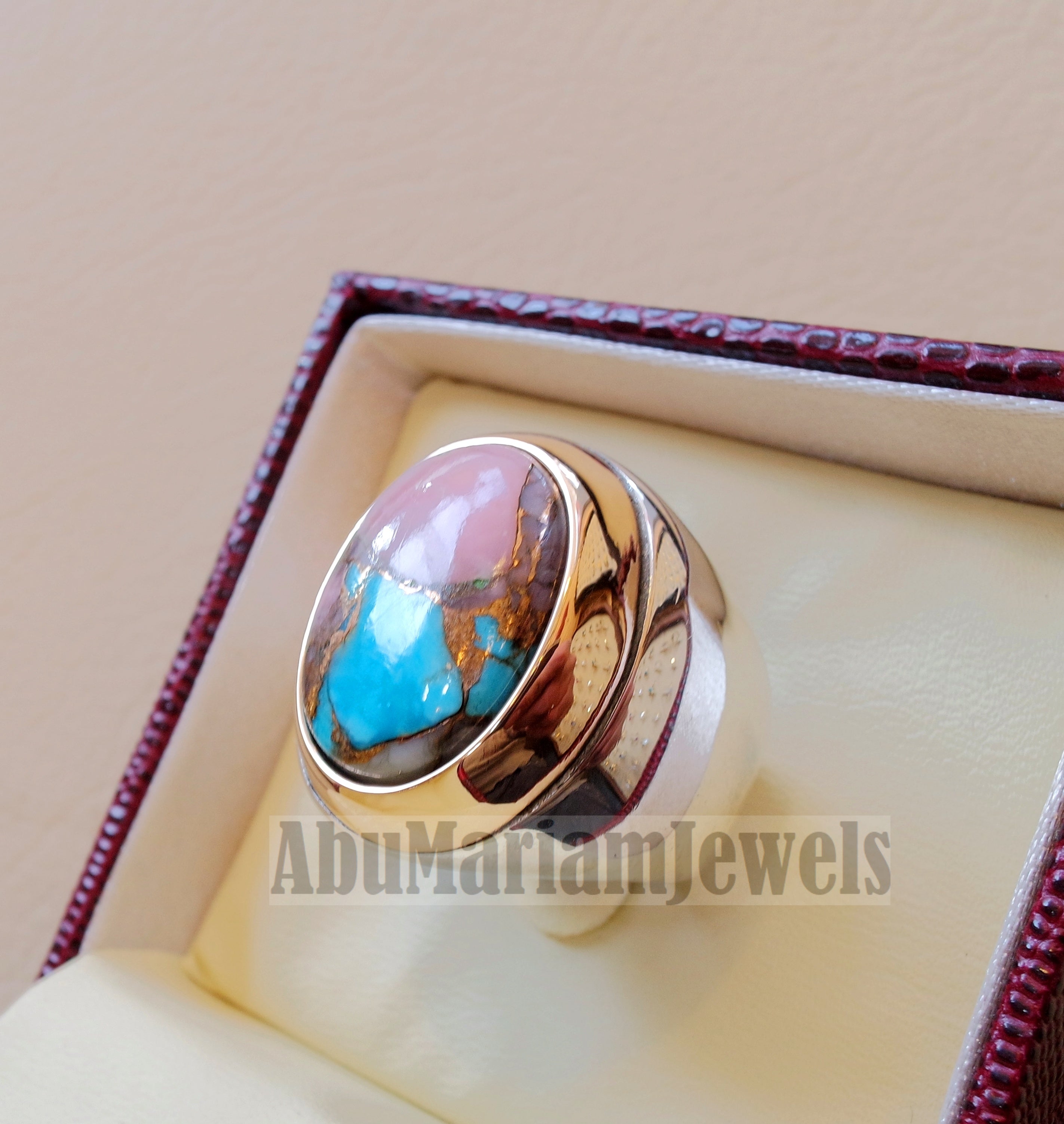 Copper pink Opal Turquoise blue natural stone ring sterling silver 925 bronze frame men jewelry all sizes gem middle eastern style