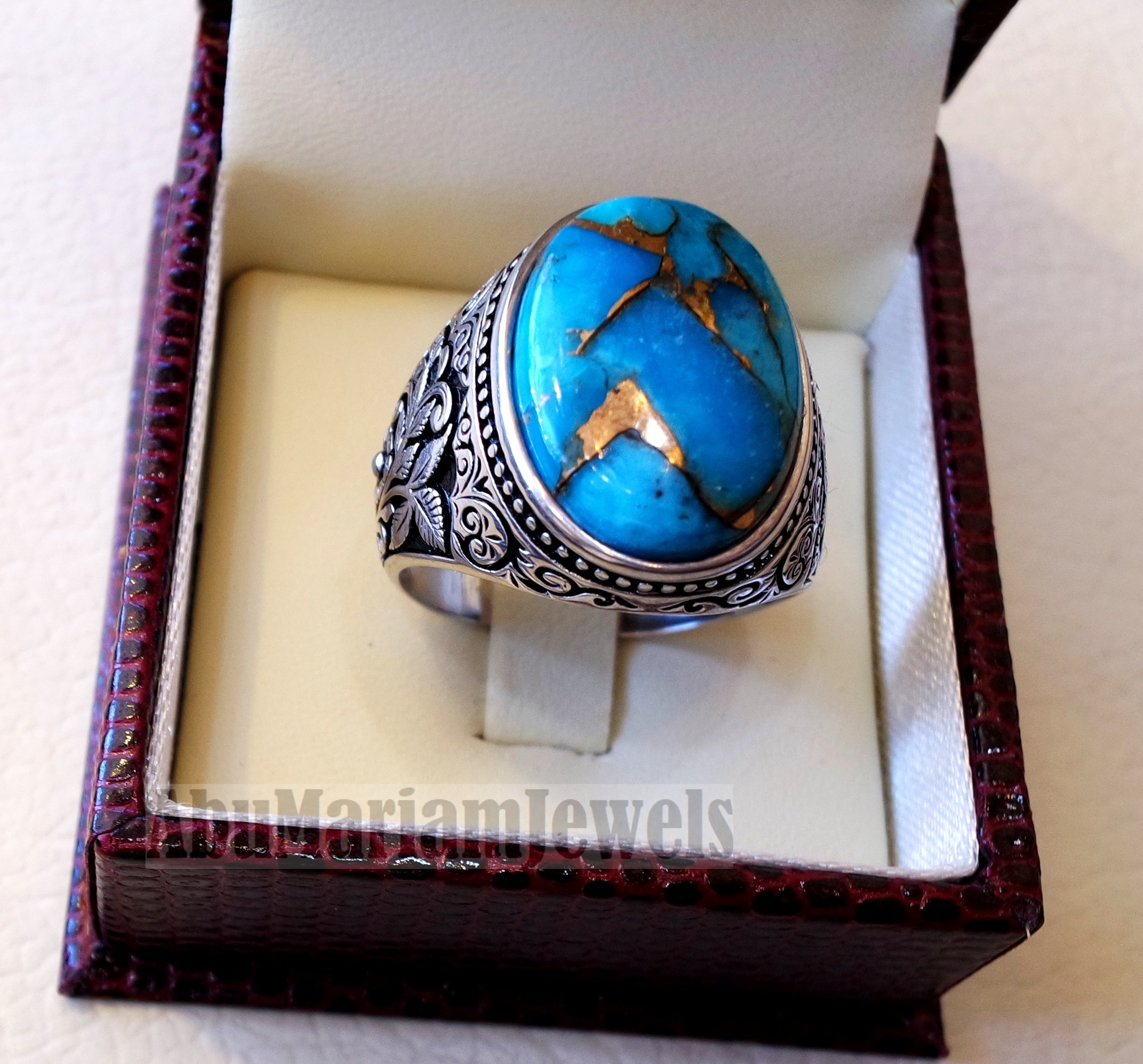 copper turquoise natural stone men sterling silver 925 ring oval cabochon semi precious gem ottoman nature style all sizes jewelry