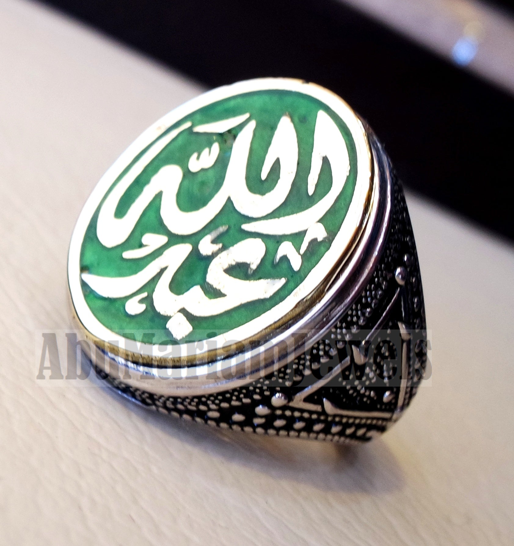 Customized Arabic calligraphy names ring personalized sterling silver 925 and bronze with green enamel TSE1002 خاتم اسم تفصيل