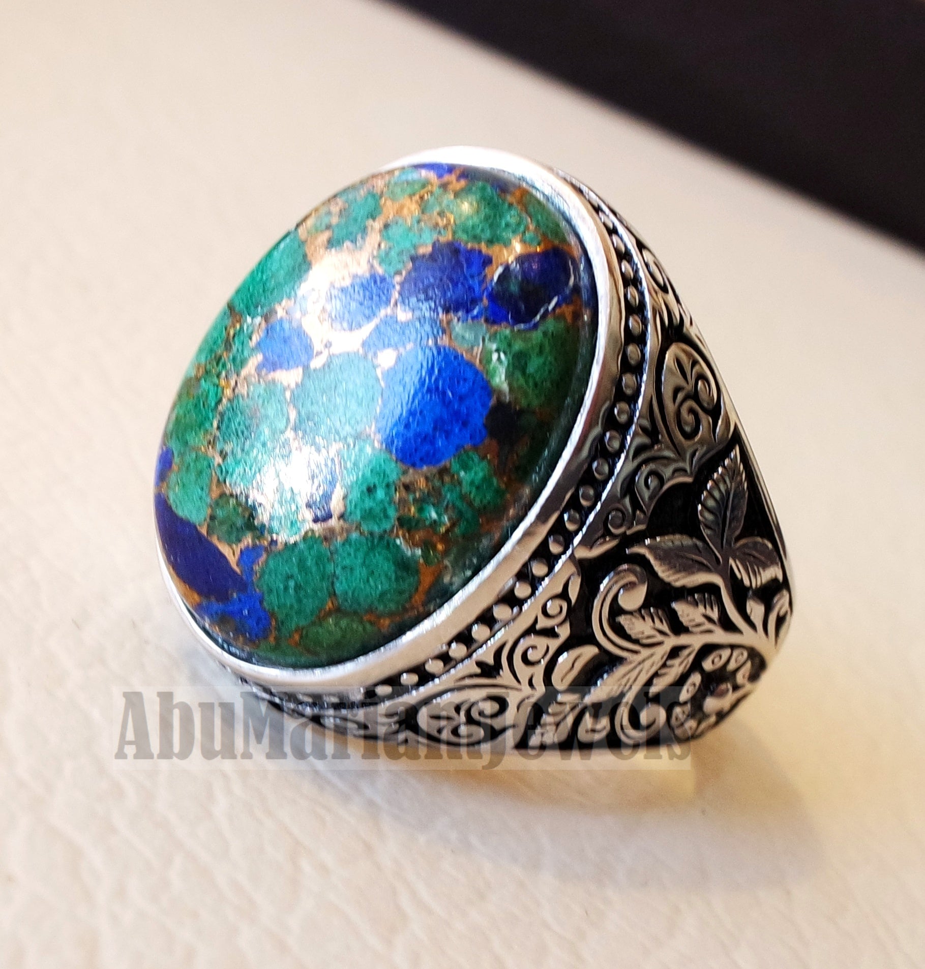 man ring copper Azurite natural stone sterling silver 925 oval cabochon semi precious gem style all sizes jewelry