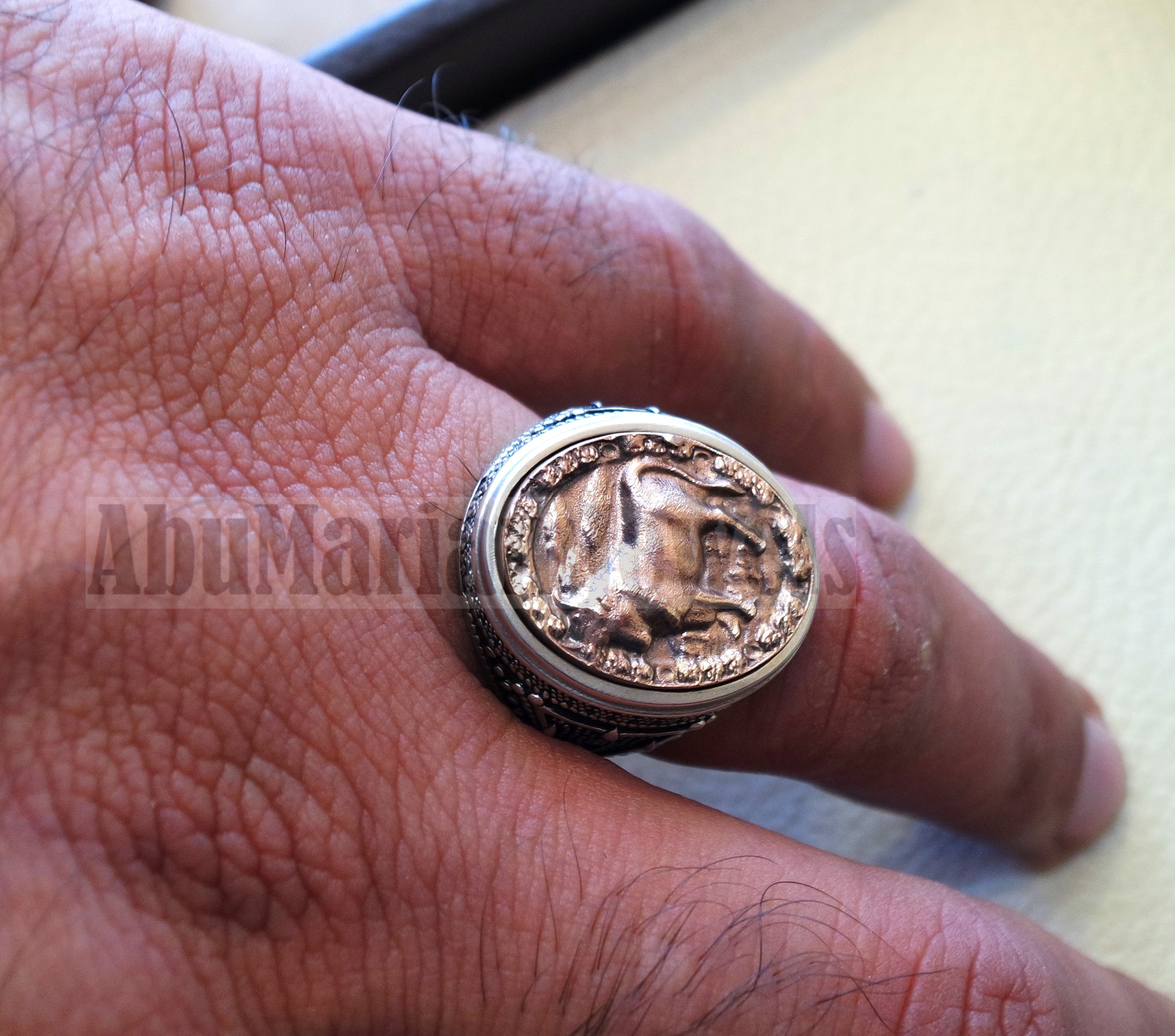 Horoscopes zodiac sign Taurus sterling silver 925 and antique bronze huge men ring all sizes men jewelry gift that bring luck fast shipping