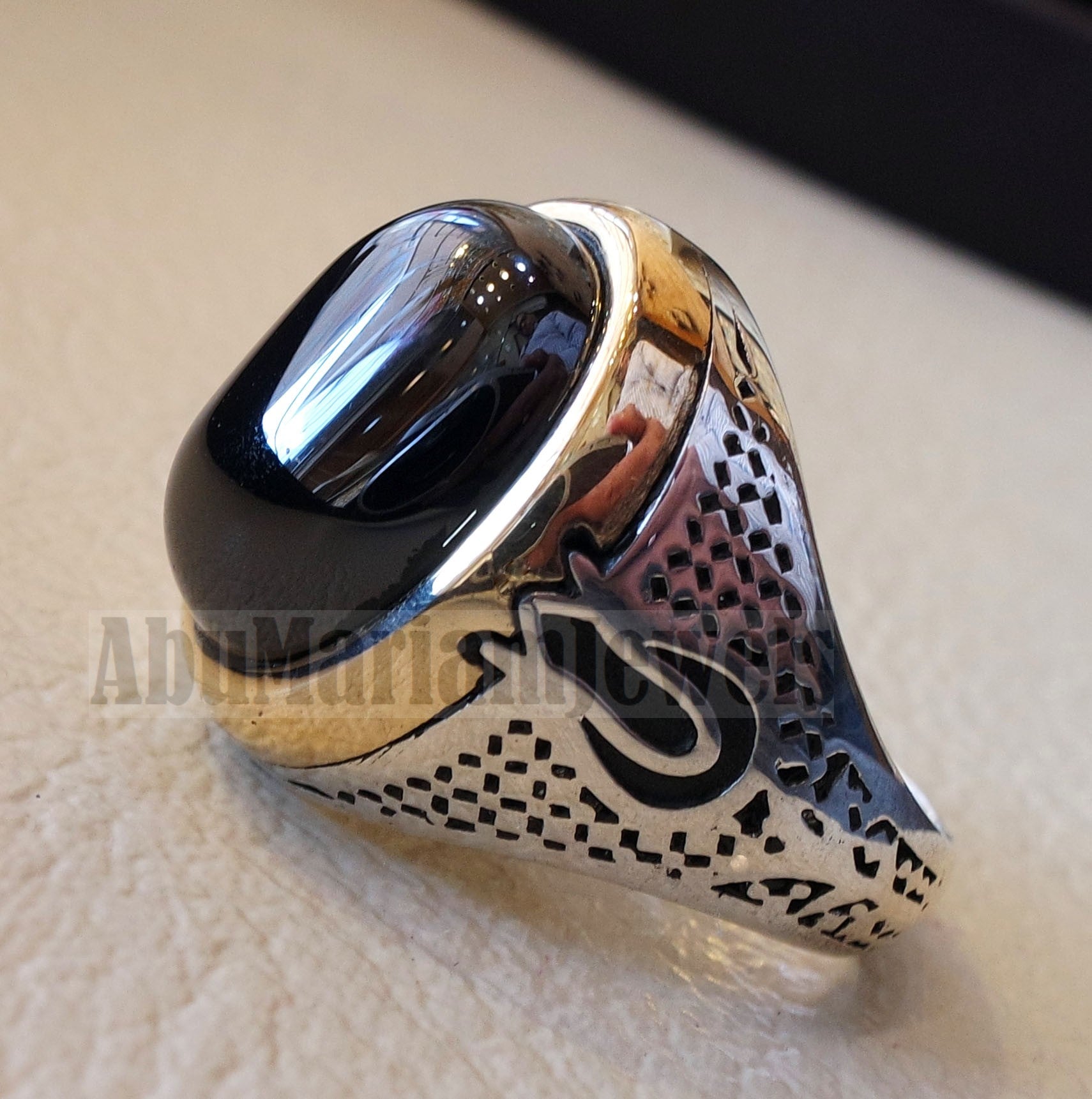 natural onyx agate black stone sterling silver 925 men ring gift arabic turkish ottoman antique style all sizes jewelry with bronze frame