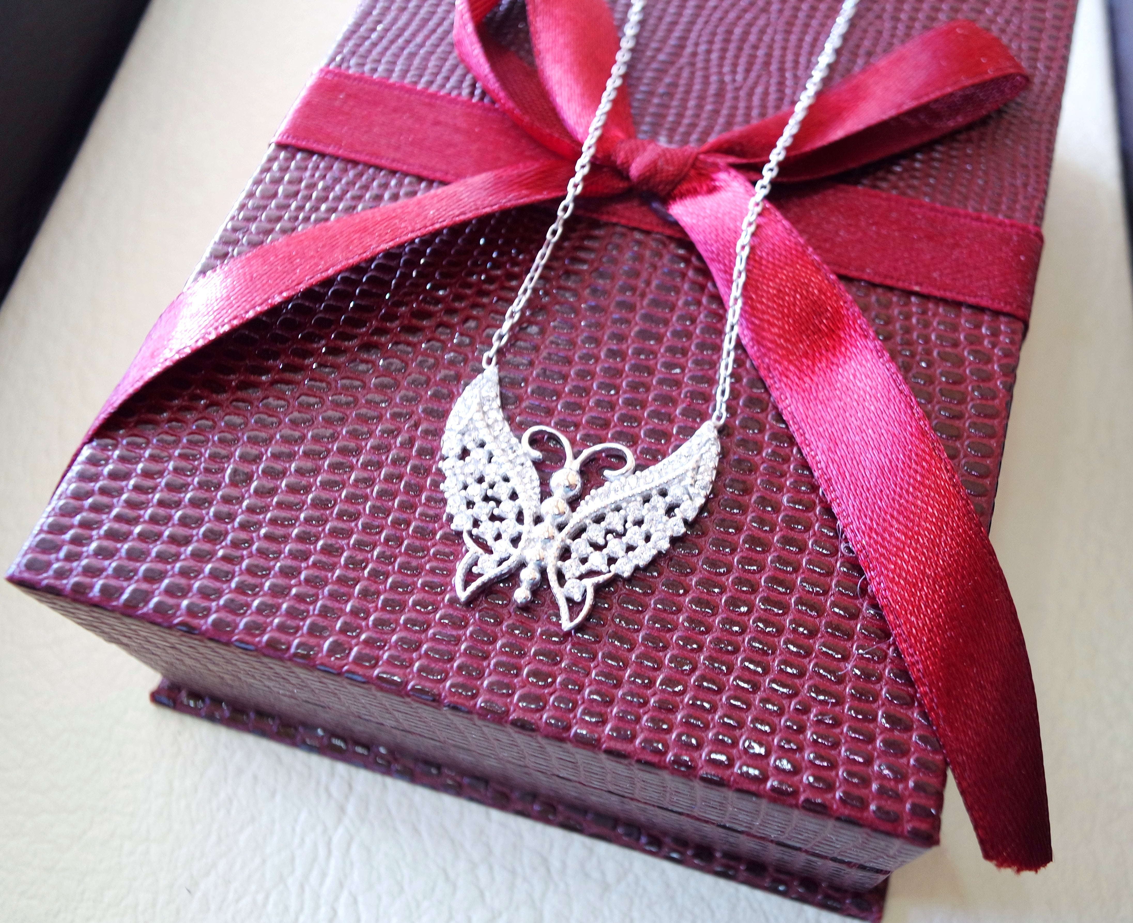 Butterfly necklace white cubic zirconia sterling silver 925 gift box fast shipping