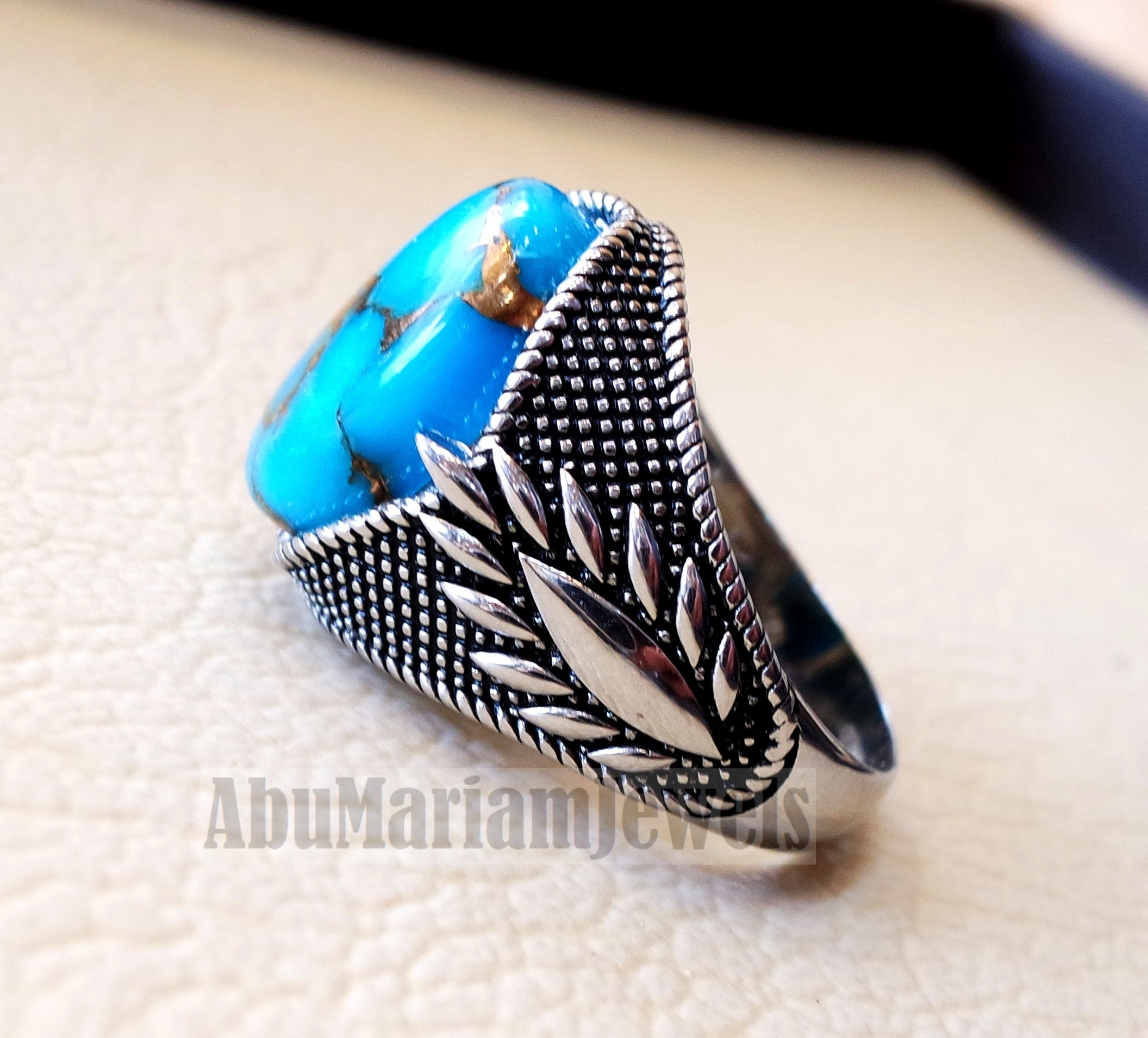 man ring copper turquoise natural stone sterling silver 925 oval cabochon semi precious gem ottoman arabic style all sizes jewelry فيروز