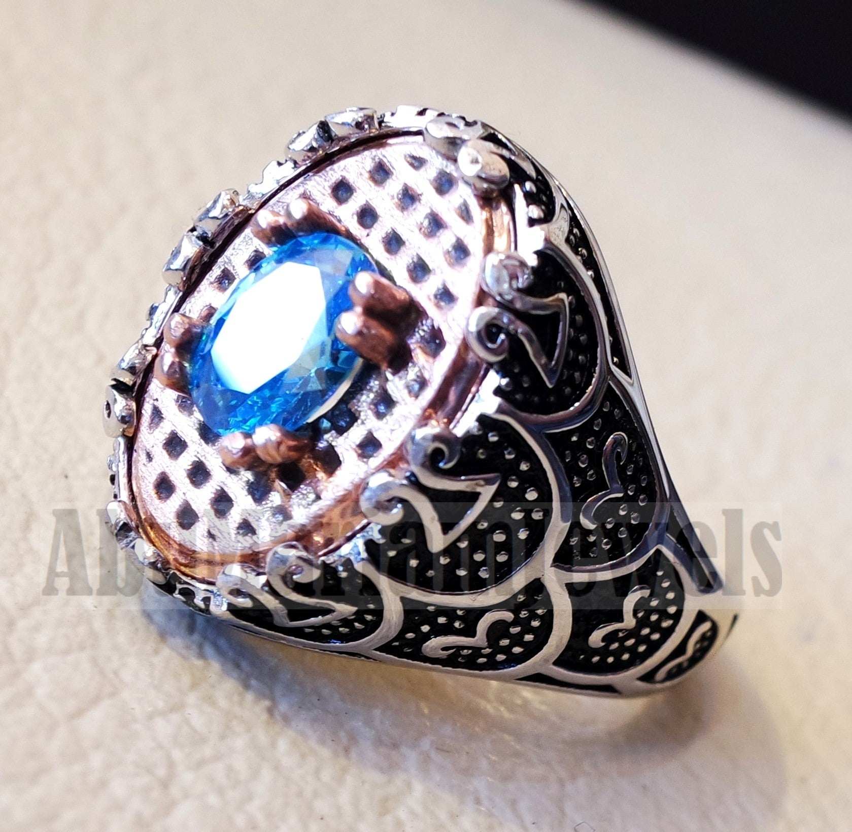 deep vivid sky blue cubic zirconia oval stone highest quality stone sterling silver 925 men ring and bronze frame all sizes jewelry Br103