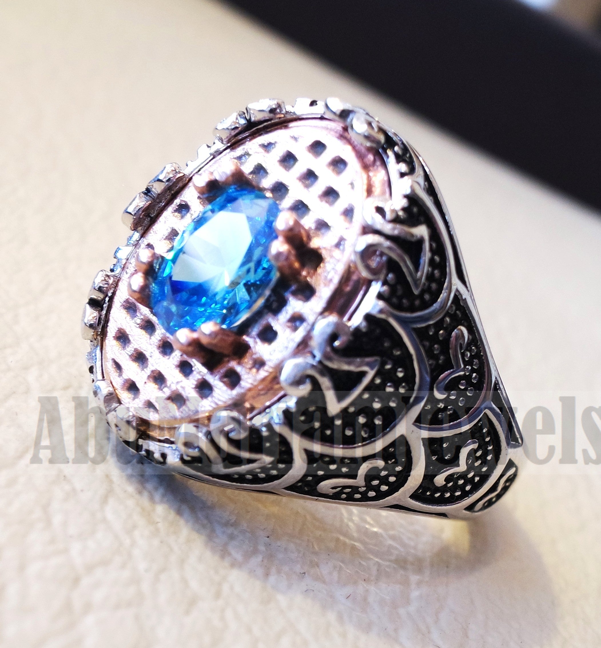 deep vivid sky blue cubic zirconia oval stone highest quality stone sterling silver 925 men ring and bronze frame all sizes jewelry Br103