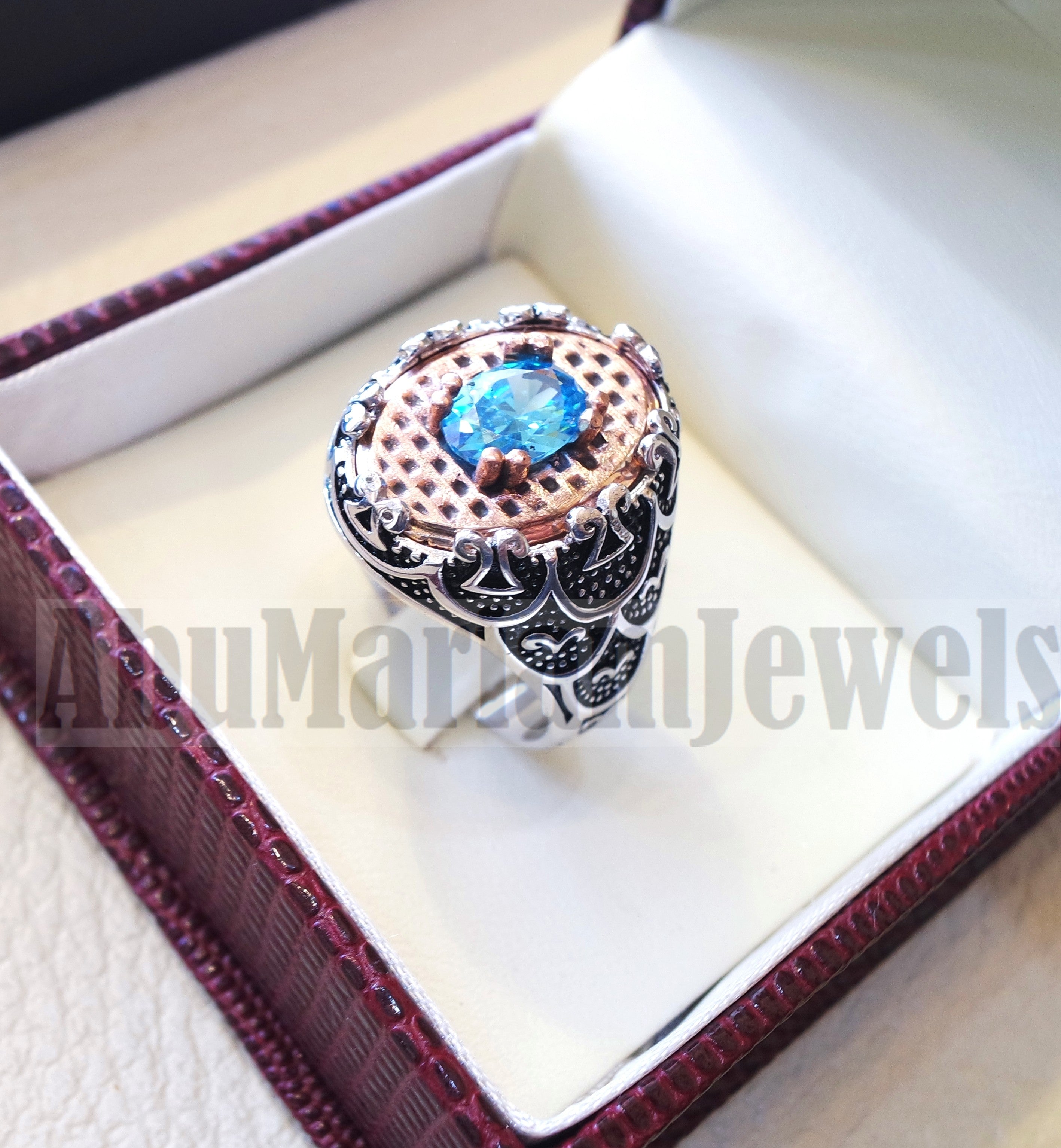 deep vivid sky blue cubic zirconia oval stone highest quality stone sterling silver 925 men ring and bronze frame all sizes jewelry Br103