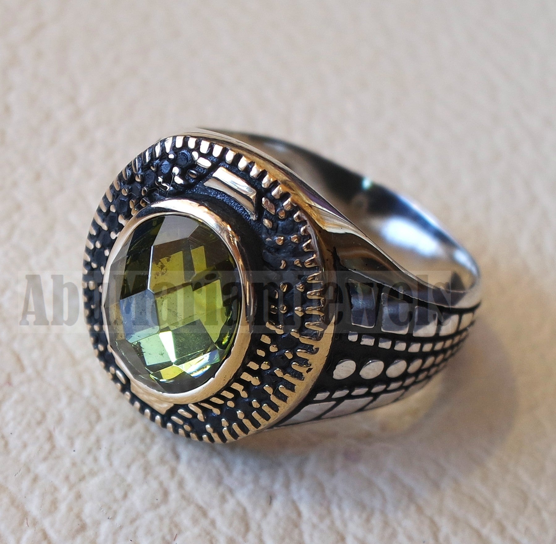 Oval peridot green cabochon imitation sterling silver 925 black cubic zircon men ring all sizes arabic turkish ottoman jewelry bronze frame زبرجد