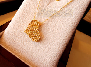 Honeycomb heart 3d 18K yellow gold necklace pendant and chain fine jewelry full insured shipping