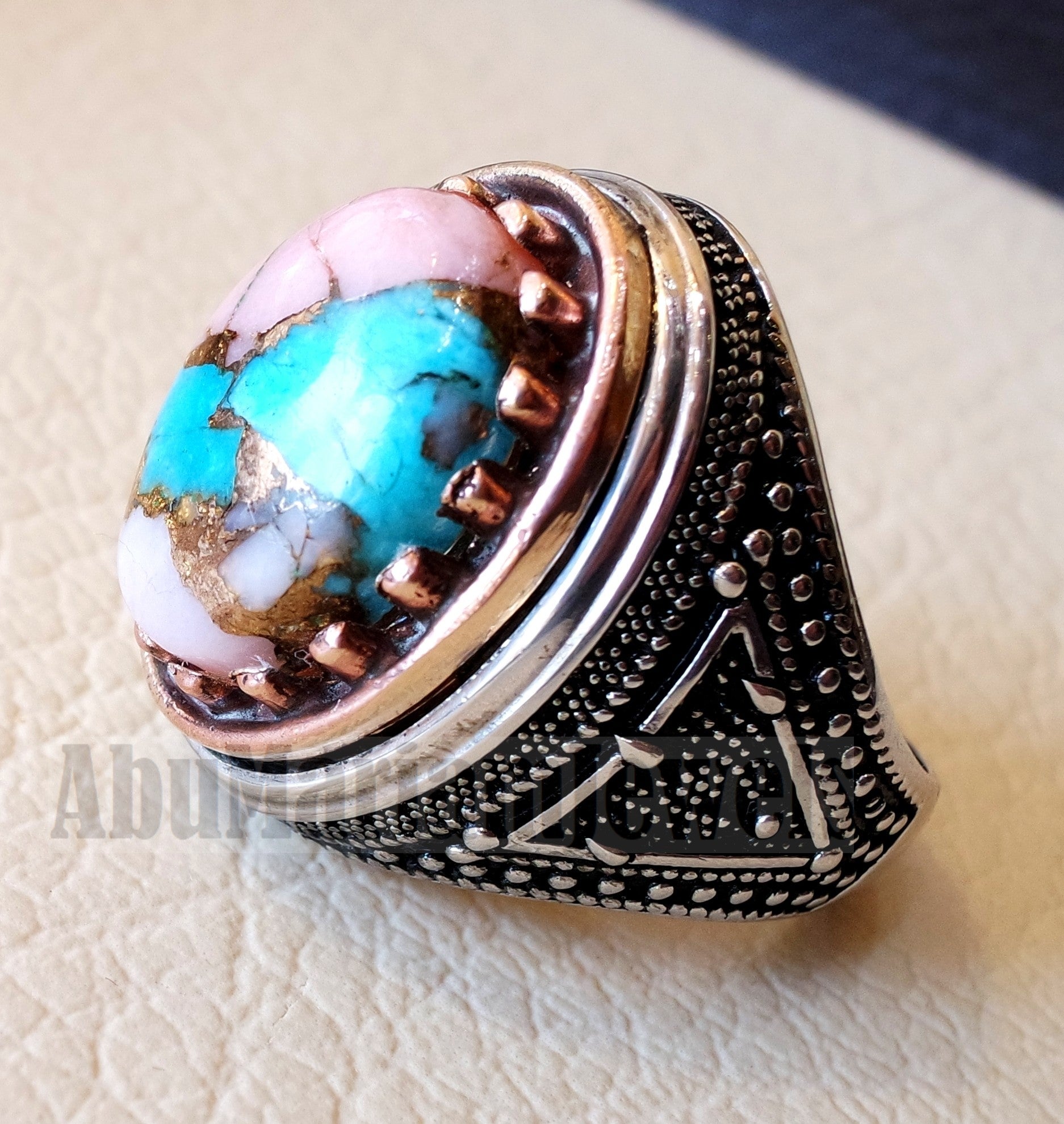 Copper pink Opal Turquoise blue natural stone ring sterling silver 925 men jewelry all sizes semi gem highest quality middle eastern style