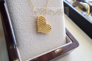 Honeycomb heart 3d 18K yellow gold necklace pendant and chain fine jewelry full insured shipping