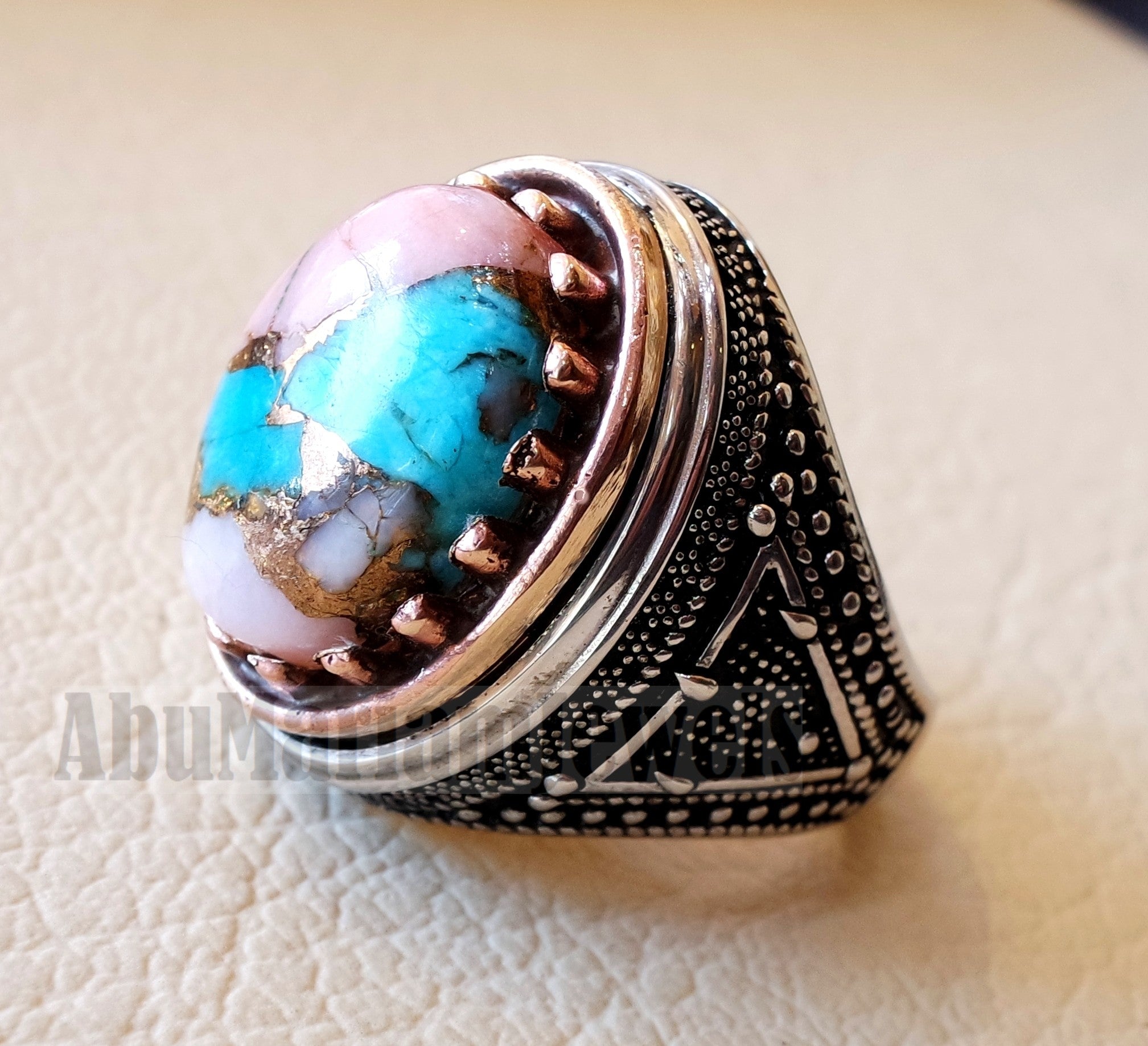 Copper pink Opal Turquoise blue natural stone ring sterling silver 925 men jewelry all sizes semi gem highest quality middle eastern style