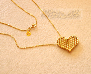 Honeycomb heart 3d 18K yellow gold necklace pendant and chain fine jewelry full insured shipping