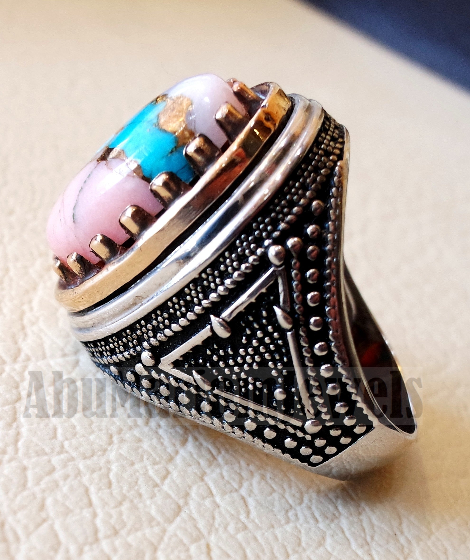 Copper pink Opal Turquoise blue natural stone ring sterling silver 925 men jewelry all sizes semi gem highest quality middle eastern style