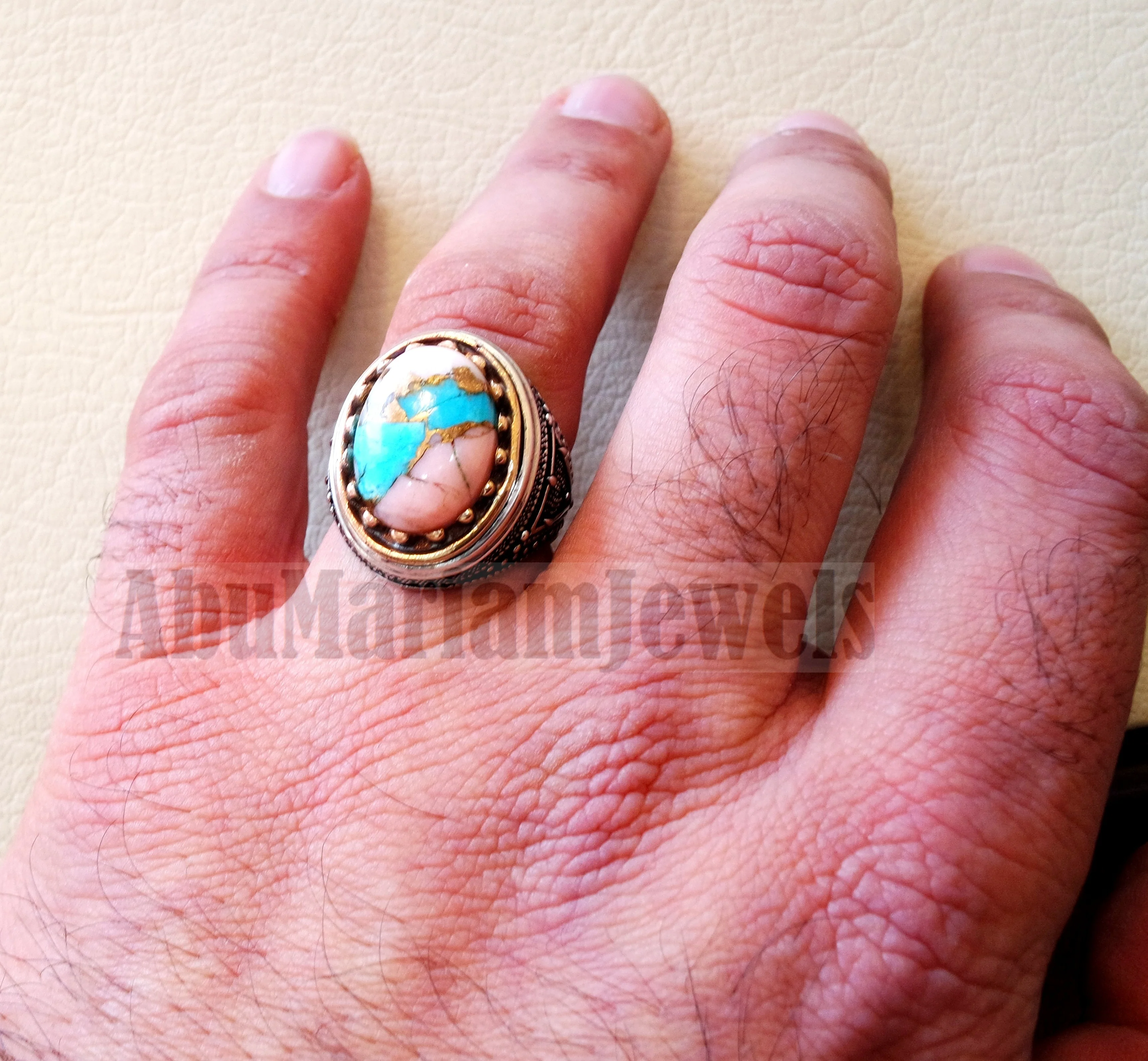 Copper pink Opal Turquoise blue natural stone ring sterling silver 925 men jewelry all sizes semi gem highest quality middle eastern style