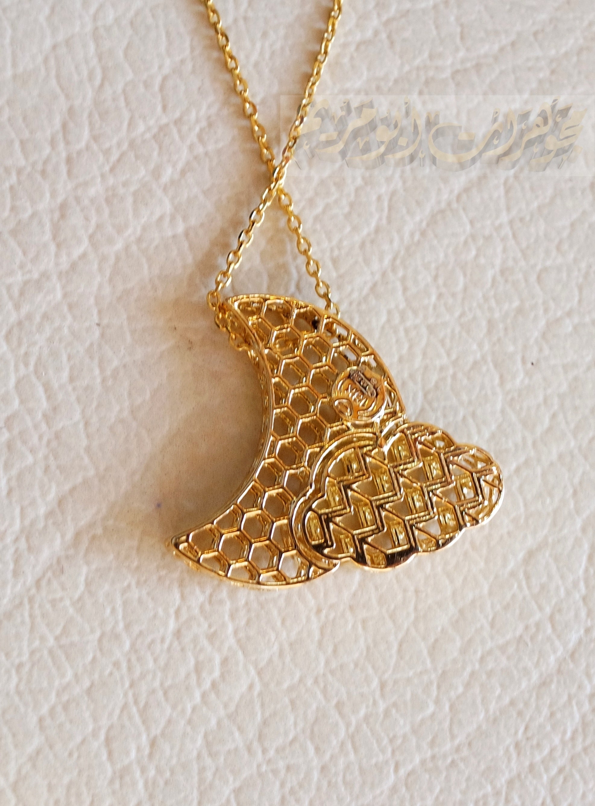 Honeycomb moon and cloud 3d 18K yellow gold necklace pendant and chain fine jewelry full insured shipping