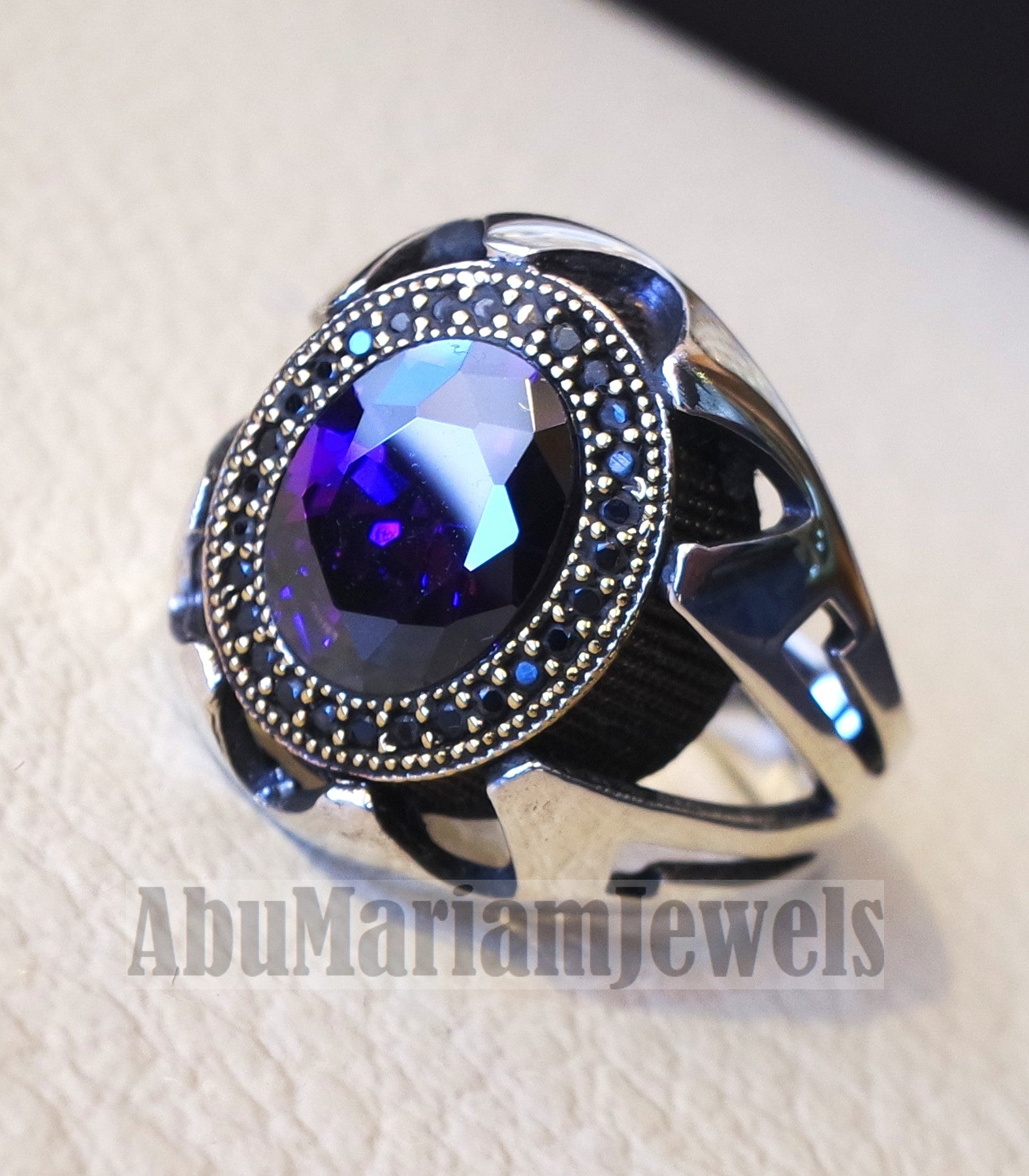 purple CZ  stone and black cubic zircon micro setting on bronze frame stunning sterling silver 925 men ring all sizes