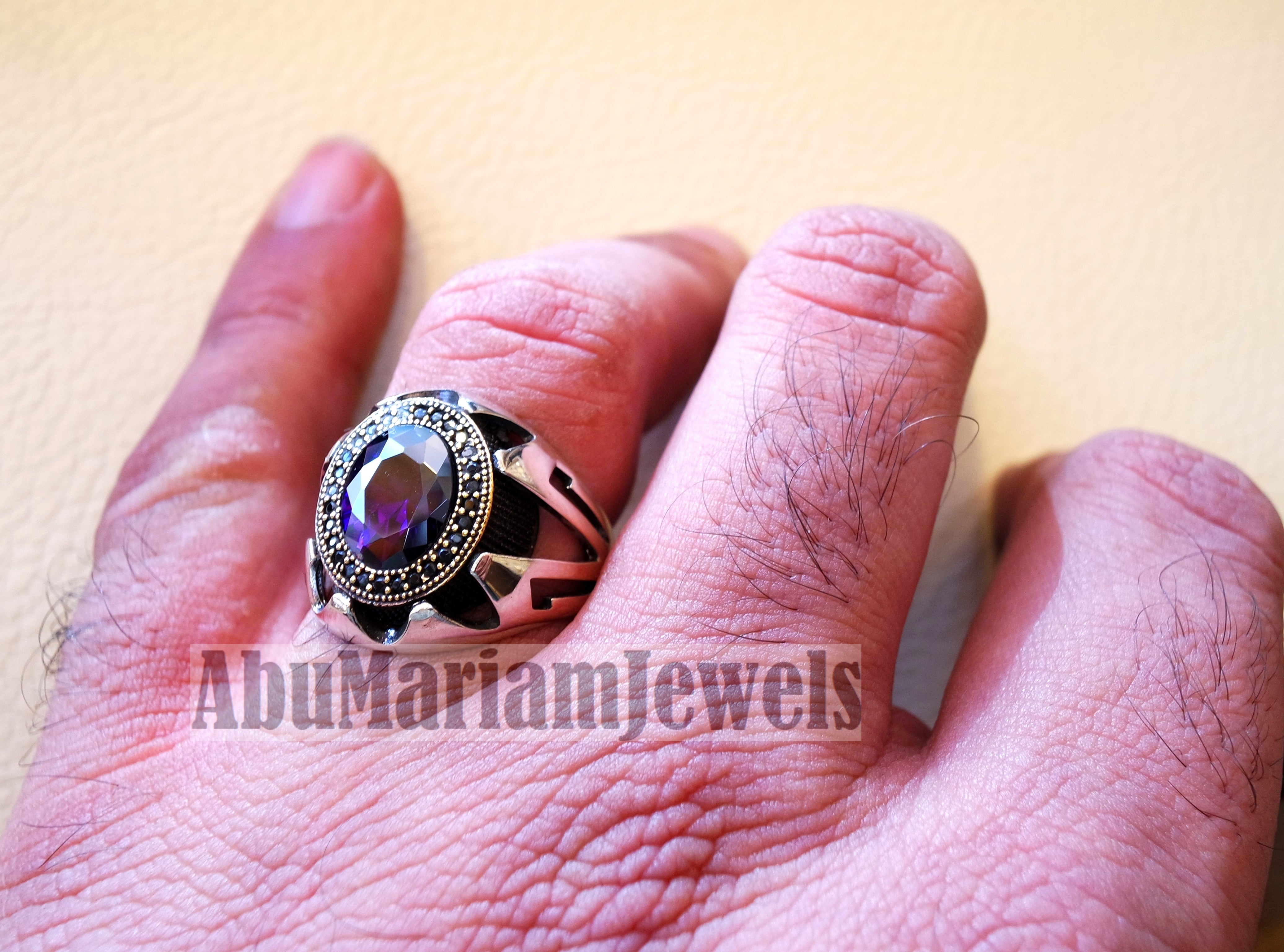 purple CZ  stone and black cubic zircon micro setting on bronze frame stunning sterling silver 925 men ring all sizes