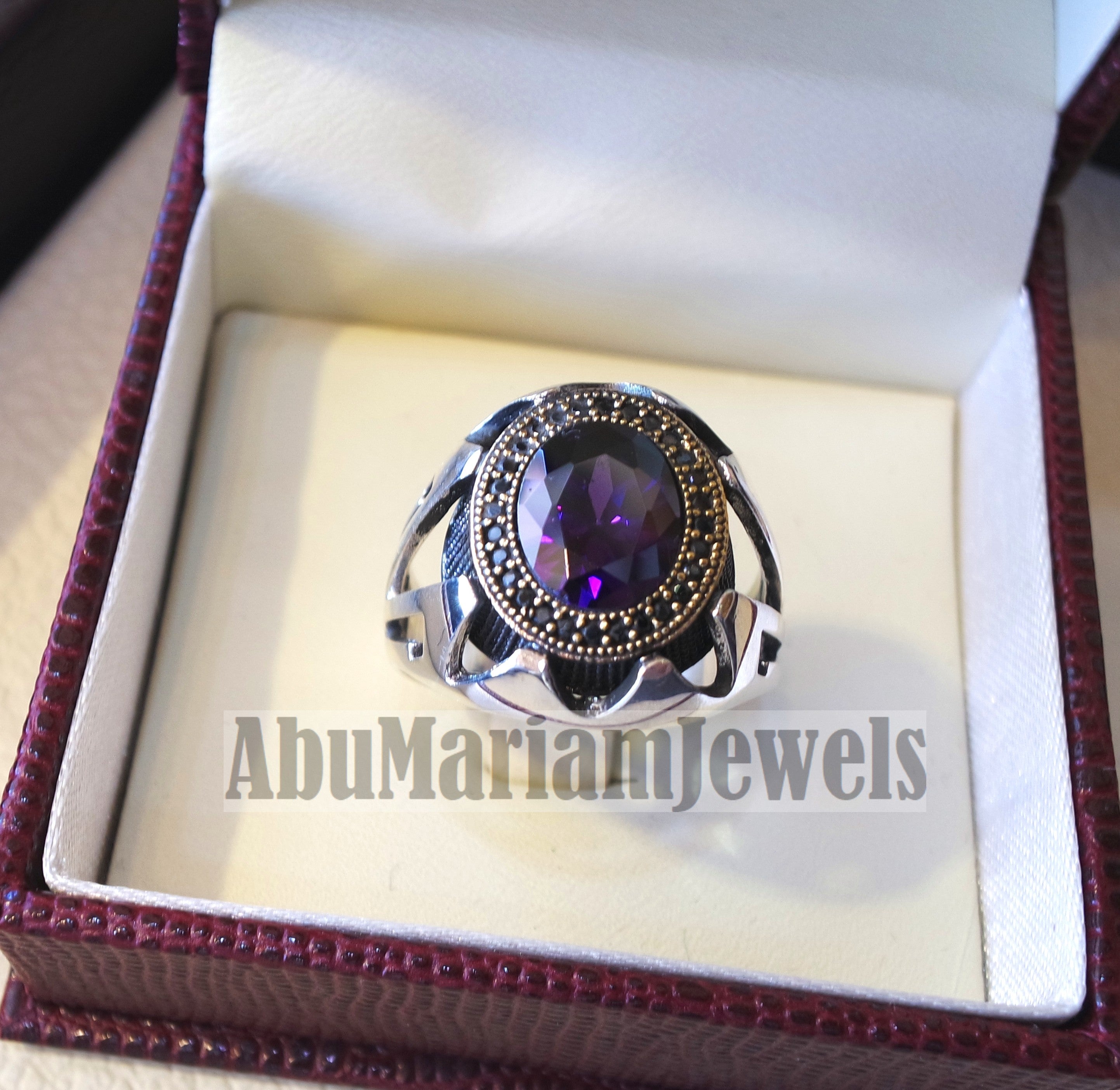 purple CZ  stone and black cubic zircon micro setting on bronze frame stunning sterling silver 925 men ring all sizes