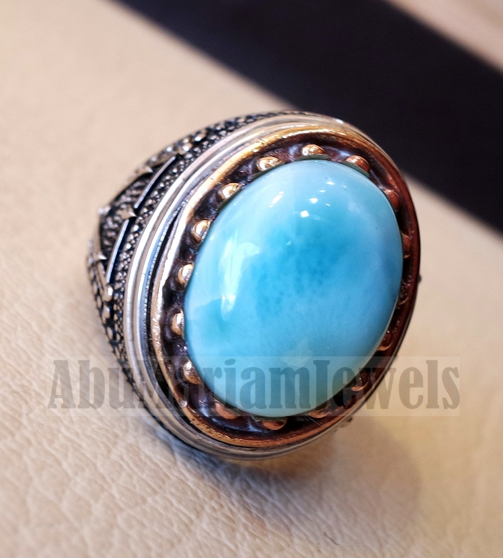 Dominican larimar blue natural stone ring sterling silver 925 and bronze frame men jewelry all sizes gem high quality middle eastern style