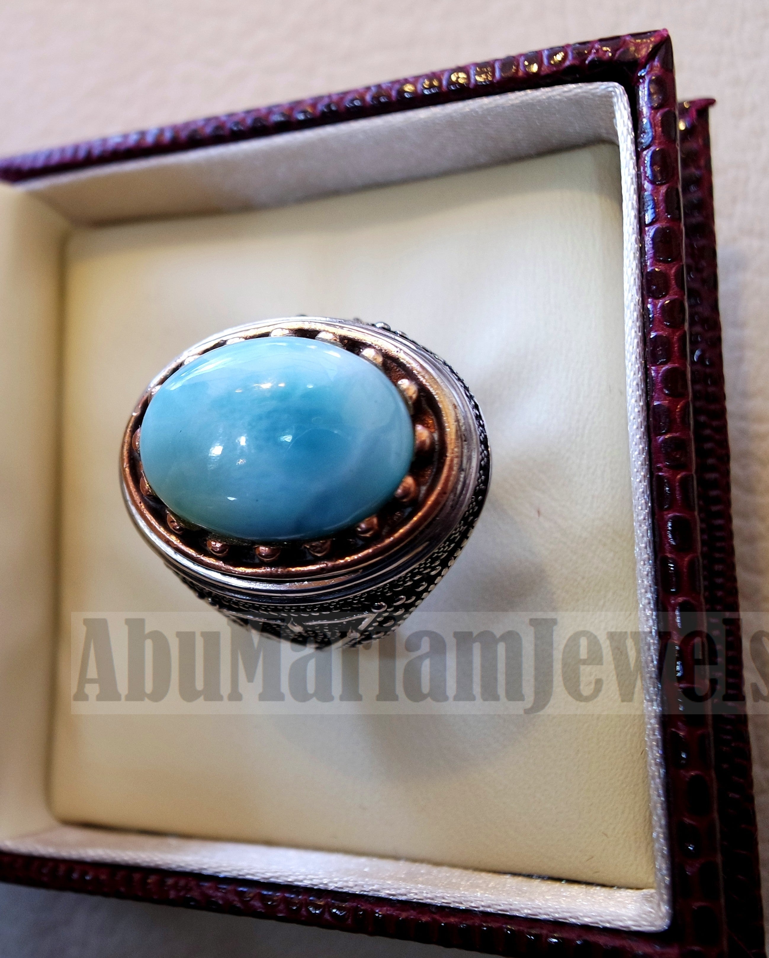 Dominican larimar blue natural stone ring sterling silver 925 and bronze frame men jewelry all sizes gem high quality middle eastern style