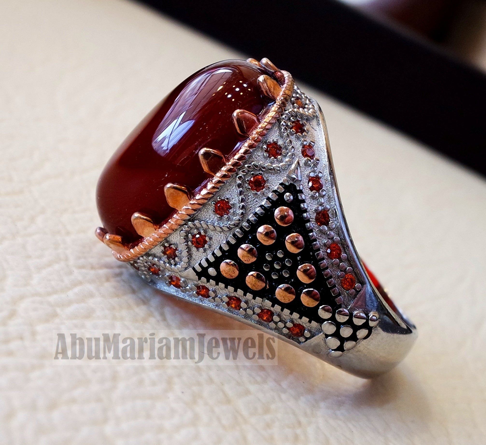 Aqeeq agate brown red natural semi precious carnelian stone man rings all sizes Arabic Ottoman Turkey antique style Orange fire cubic zirconia side