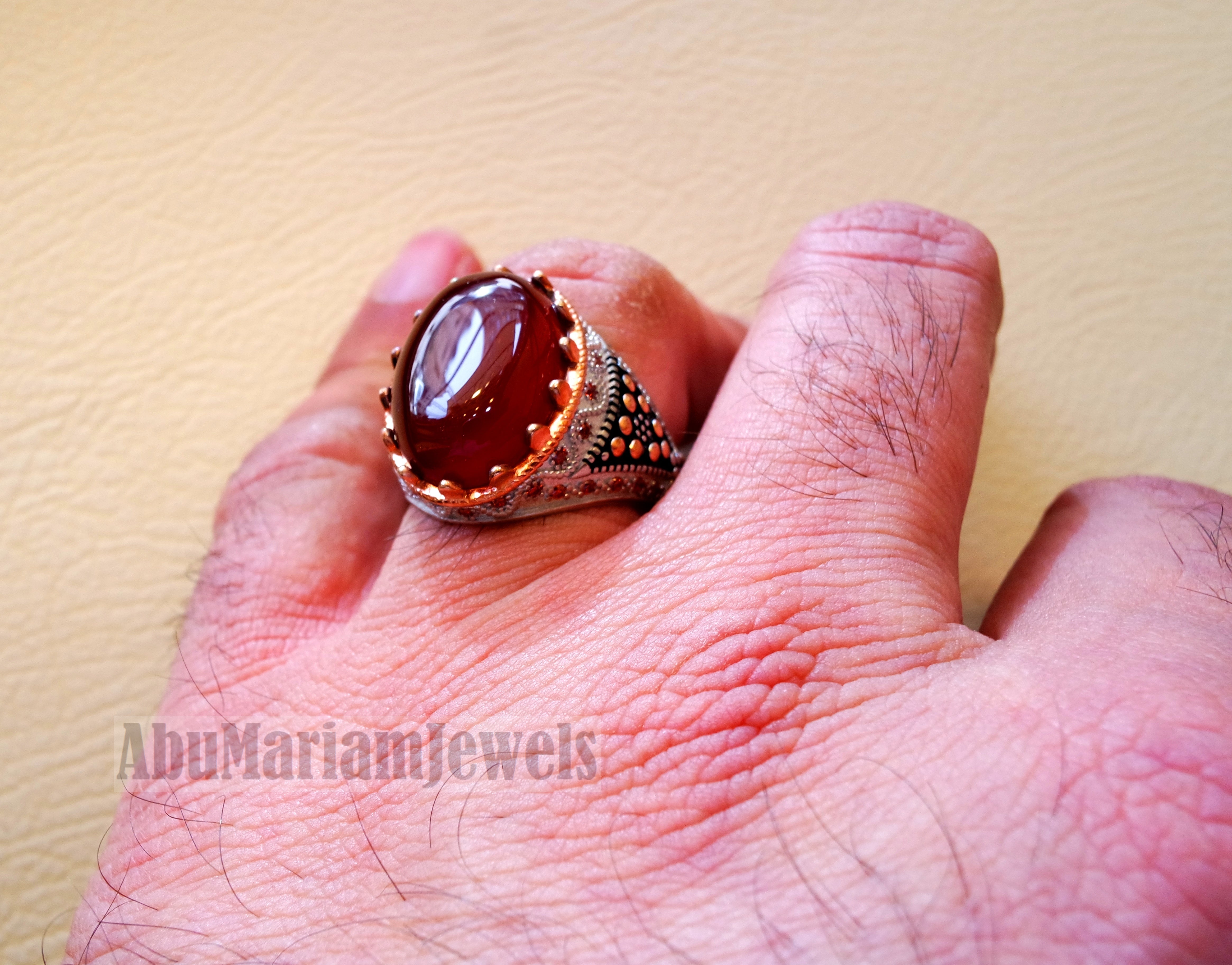 Aqeeq agate brown red natural semi precious carnelian stone man rings all sizes Arabic Ottoman Turkey antique style Orange fire cubic zirconia side