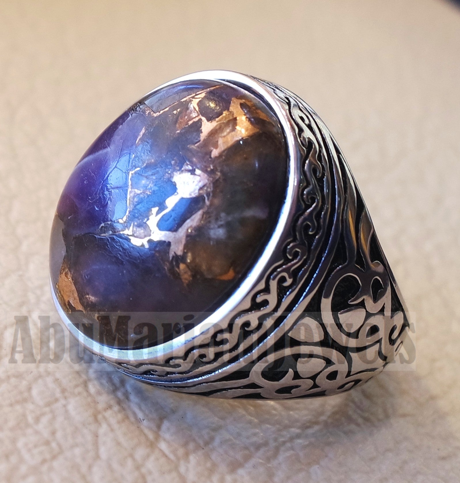 copper amethyst man ring natural purple stone sterling silver 925 oval cabochon semi precious gem ottoman arabic style all sizes jewelry