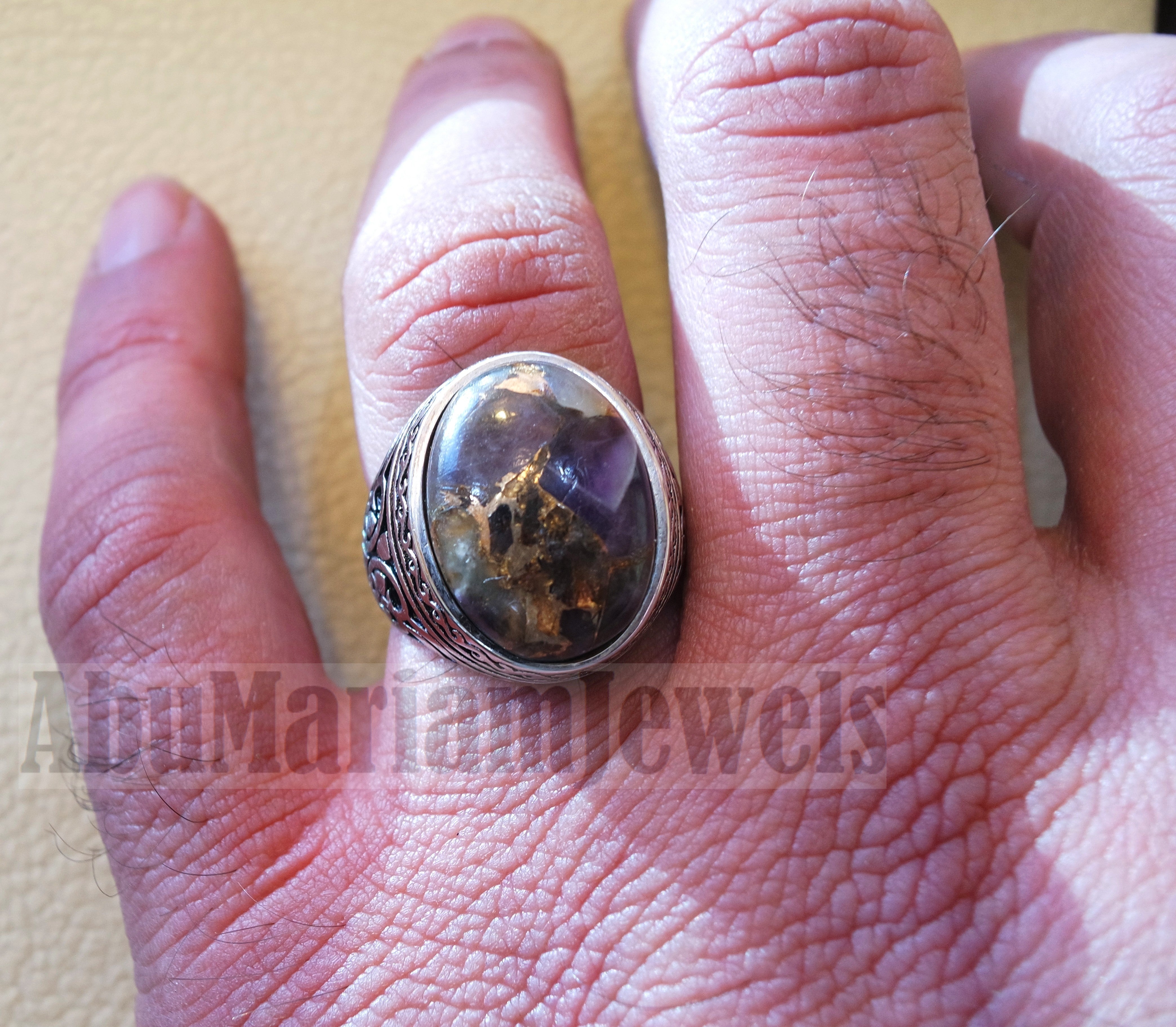 copper amethyst man ring natural purple stone sterling silver 925 oval cabochon semi precious gem ottoman arabic style all sizes jewelry