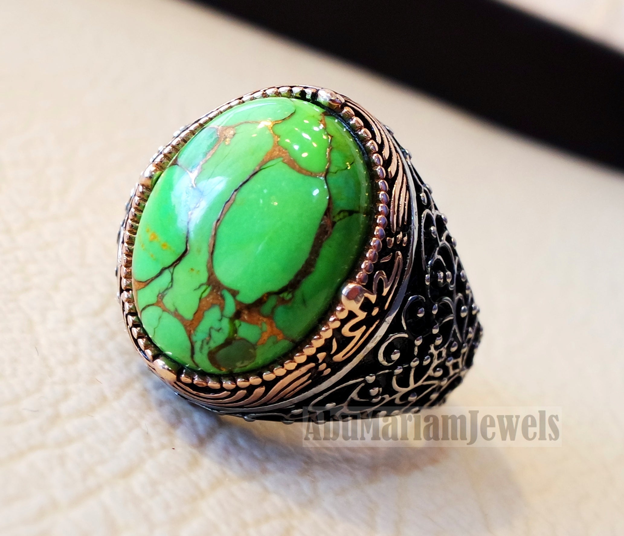 green copper turquoise natural stone men ring sterling silver 925 stunning genuine gem two tone ottoman arabic style jewelry all sizes