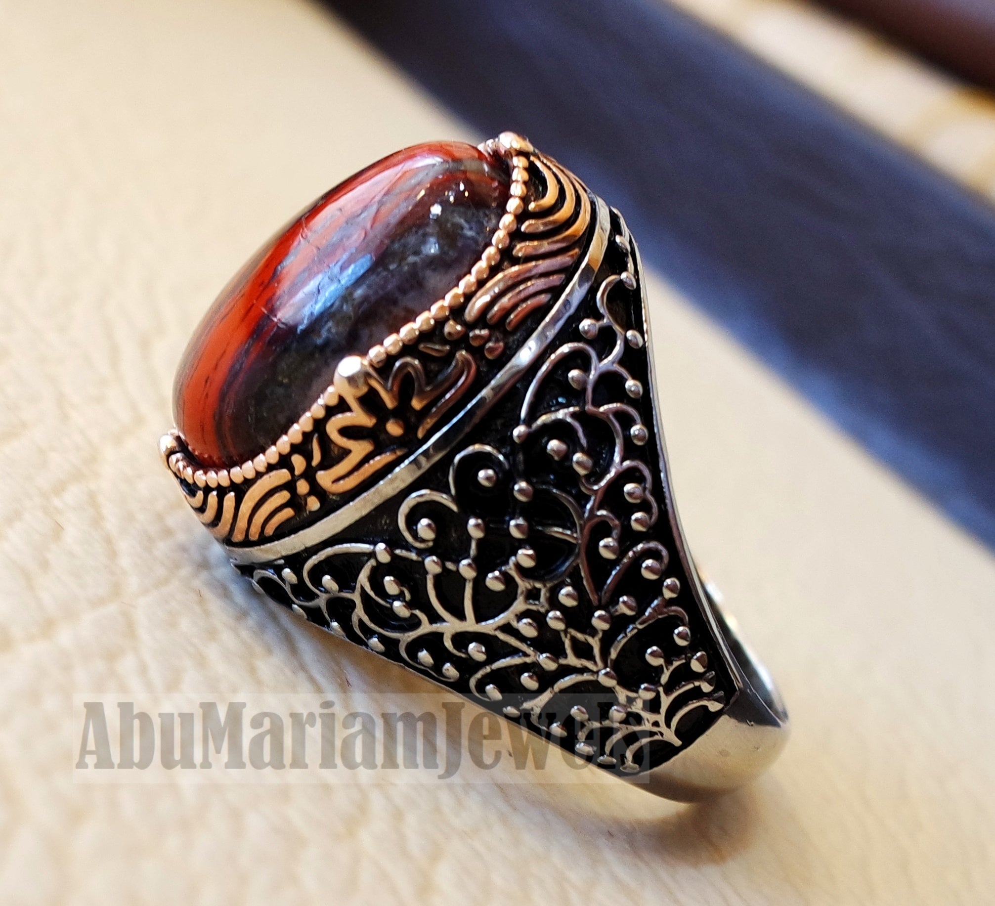 snake skin jasper man ring stone natural gem sterling silver 925 ring red and black oval semi precious cabochon jewelry bronze color frame