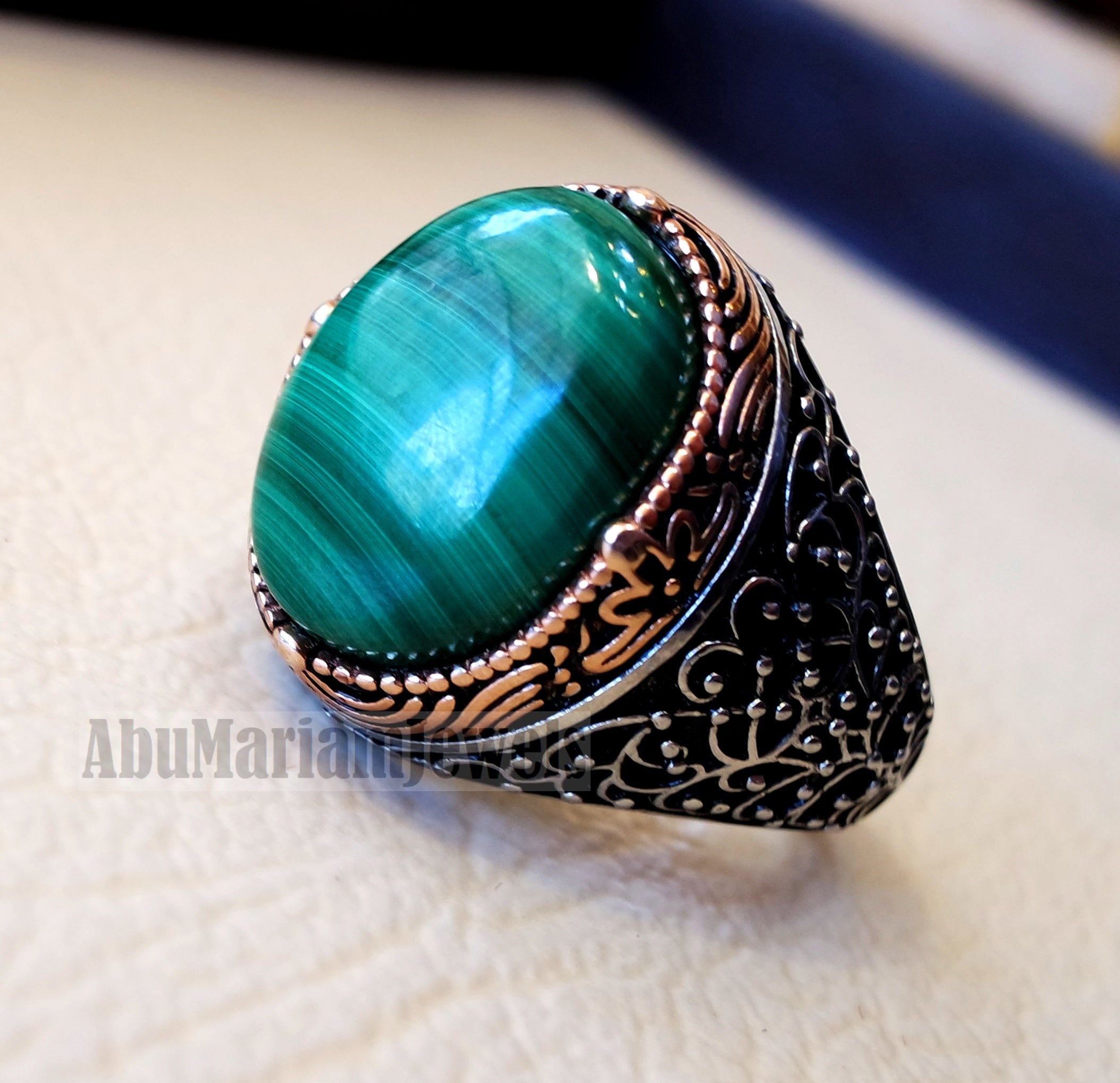 malachite natural green stone sterling silver 925 man ring jewelry bronze frame eastern turkish arabic style oval semi precious cabochon