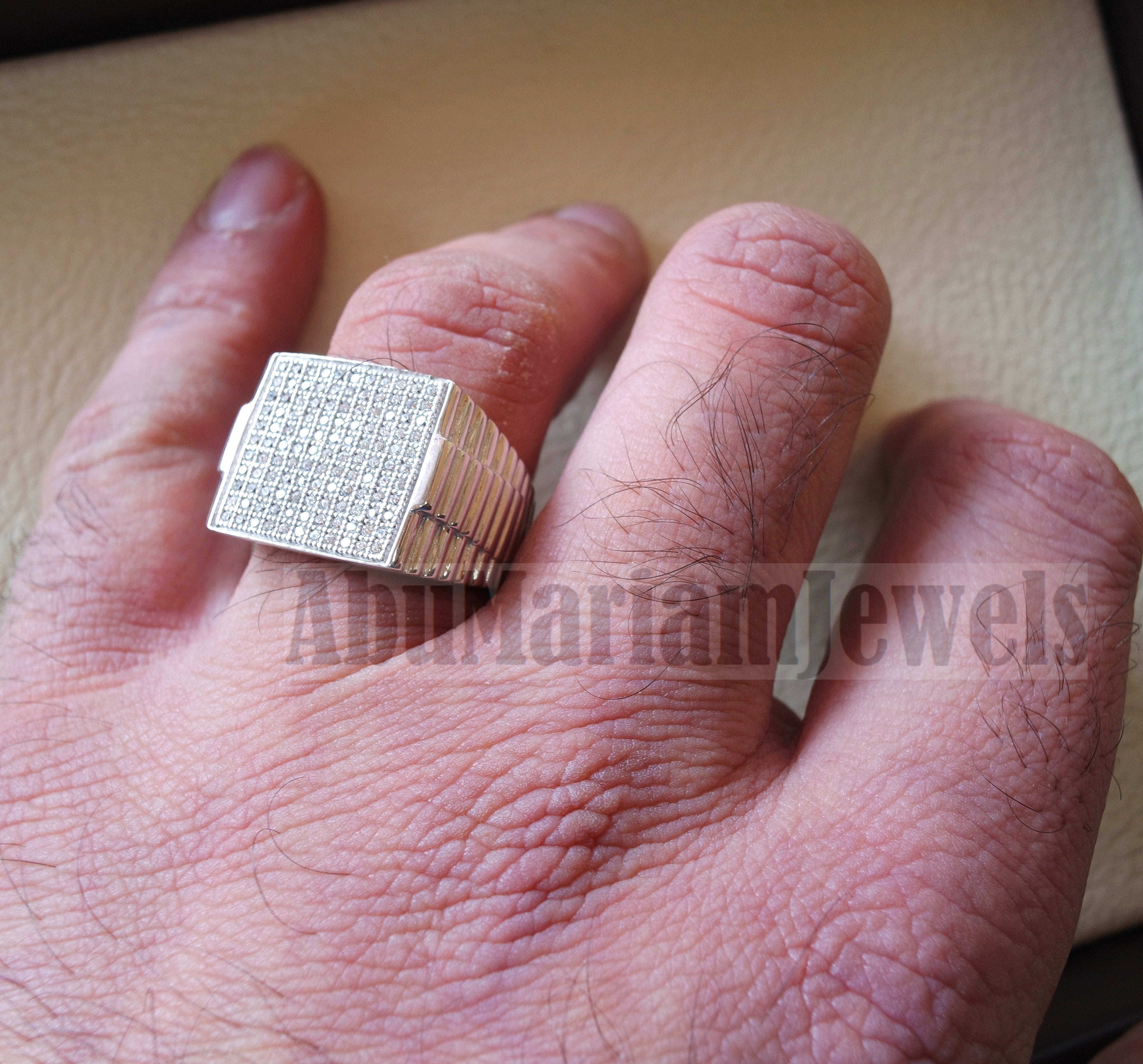 Micro pave square face cubic zirconia white stones diamond style sterling silver 925 heavy men ring all sizes .