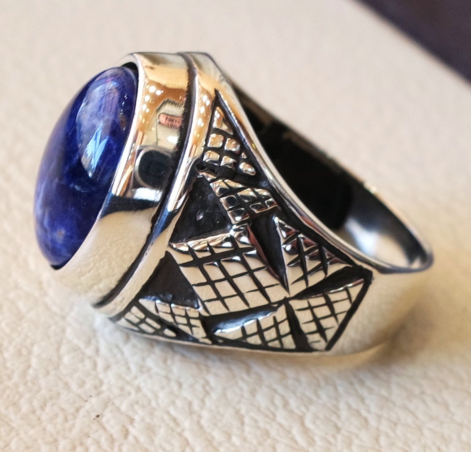 Sodalite natural stone dark royal blue men ring sterling silver 925 stunning genuine gem two ottoman arabic style jewelry all sizes